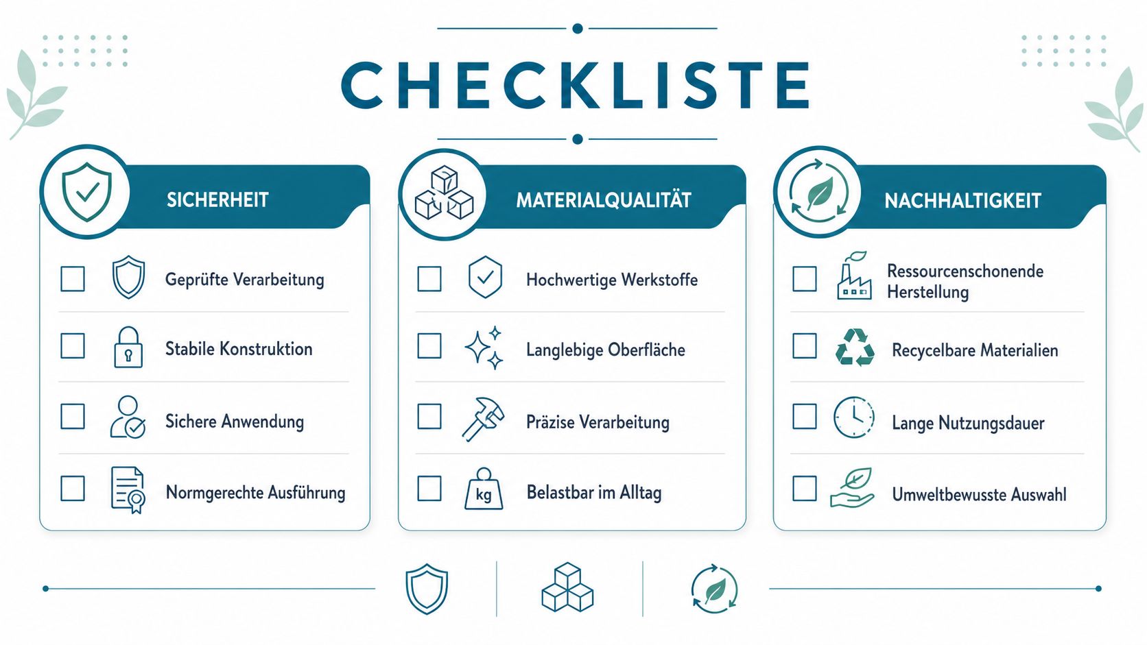 Eine Checkliste in drei Kategorien zu Sicherheit, Materialqualität und Nachhaltigkeit für hochwertige und geprüfte Produkte.