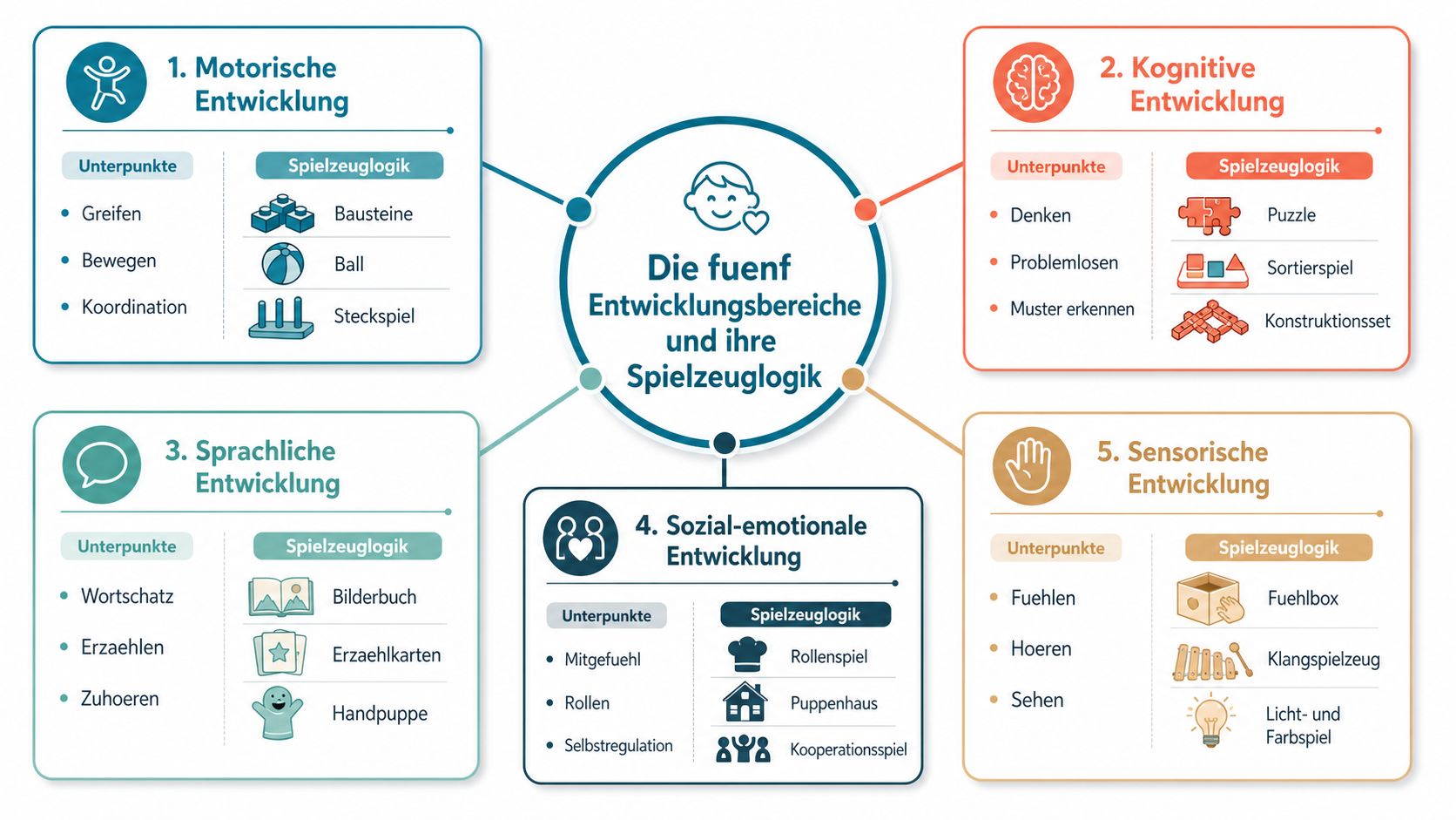 Übersichtsgrafik zu den fünf Entwicklungsbereichen bei Kindern und der jeweils passenden Spielzeuglogik zur gezielten Förderung.