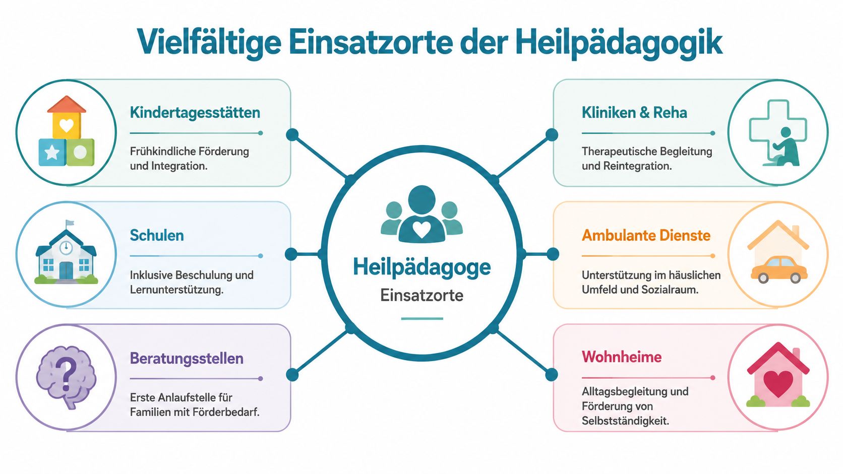 Grafik über die vielfältigen Einsatzorte von Heilpädagogen, dargestellt als übersichtliches Diagramm mit sechs verschiedenen Tätigkeitsbereichen.