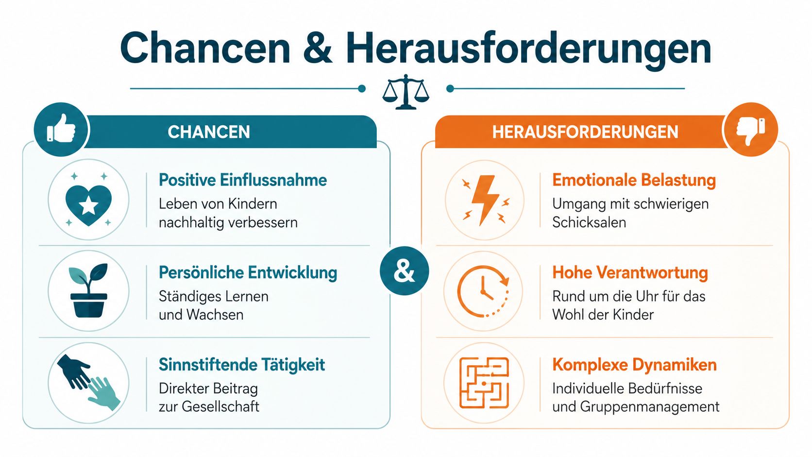 Grafik mit Gegenüberstellung der Chancen und Herausforderungen bei der Arbeit in einem Kinderheim.