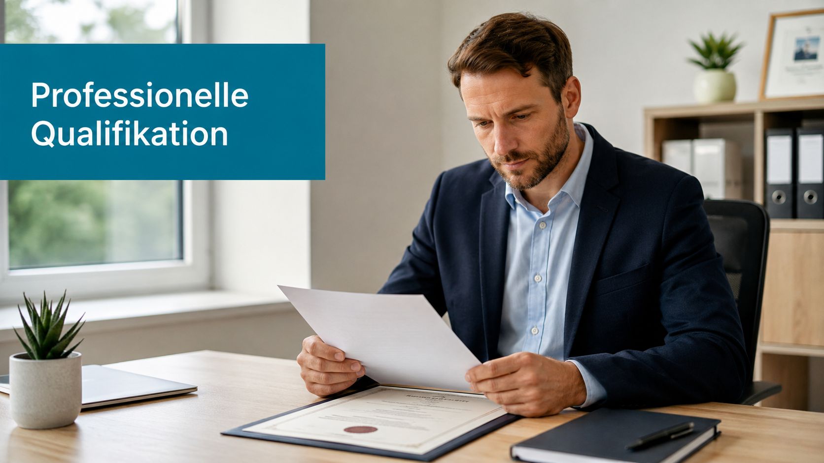 Ein professionell gekleideter Mann mittleren Alters prüft im Büro Dokumente und Zertifikate zur beruflichen Qualifikation.
