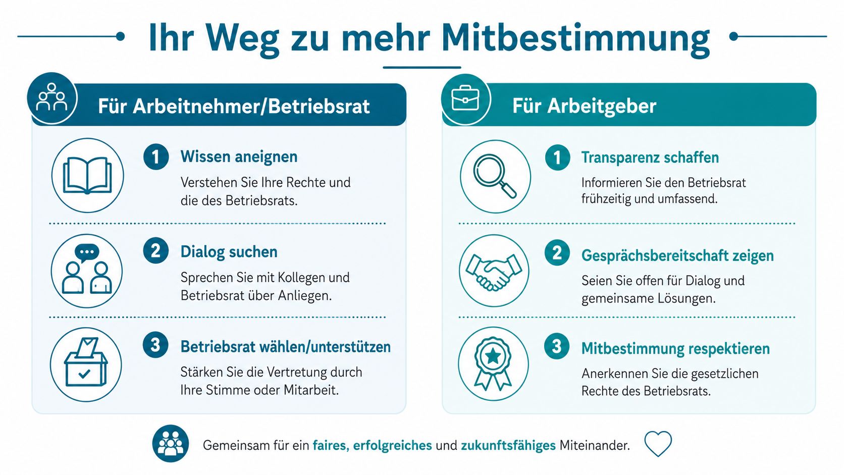 Eine Infografik, die Wege zur betrieblichen Mitbestimmung für Arbeitnehmer, Betriebsräte und Arbeitgeber übersichtlich und strukturiert darstellt.