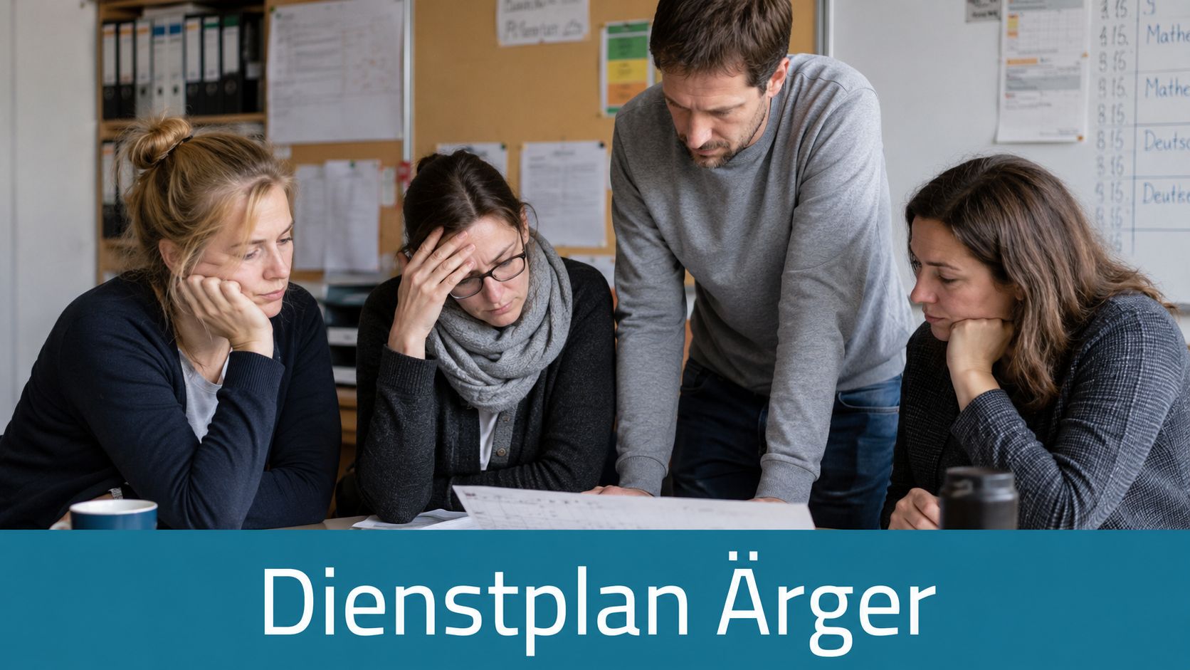 Ein frustriertes Team diskutiert gemeinsam an einem Tisch über einen komplizierten Dienstplan in einem Büro.