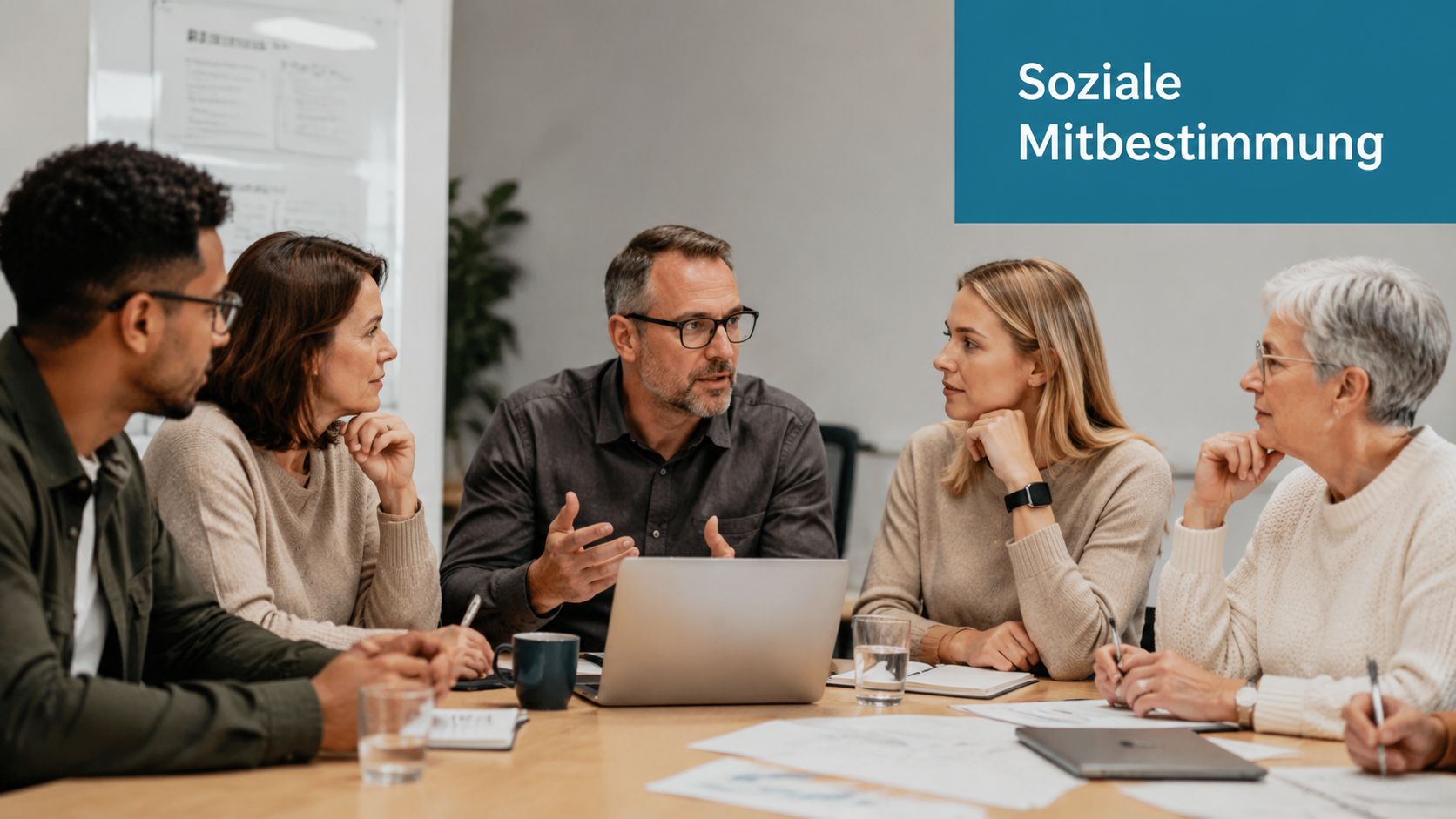 Eine Gruppe von fünf Mitarbeitern sitzt an einem Besprechungstisch und führt eine fachliche Diskussion im Büro.