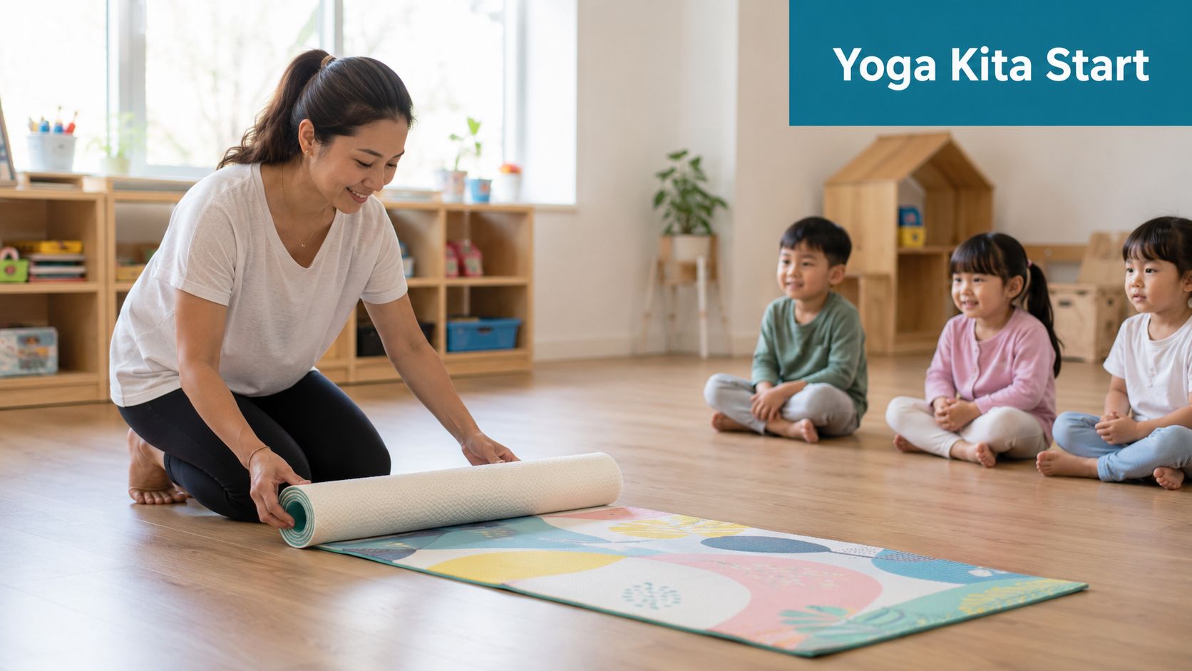 Eine Lehrerin rollt eine bunte Yogamatte vor drei Kindern in einem hellen, freundlichen Kindergartenraum aus.