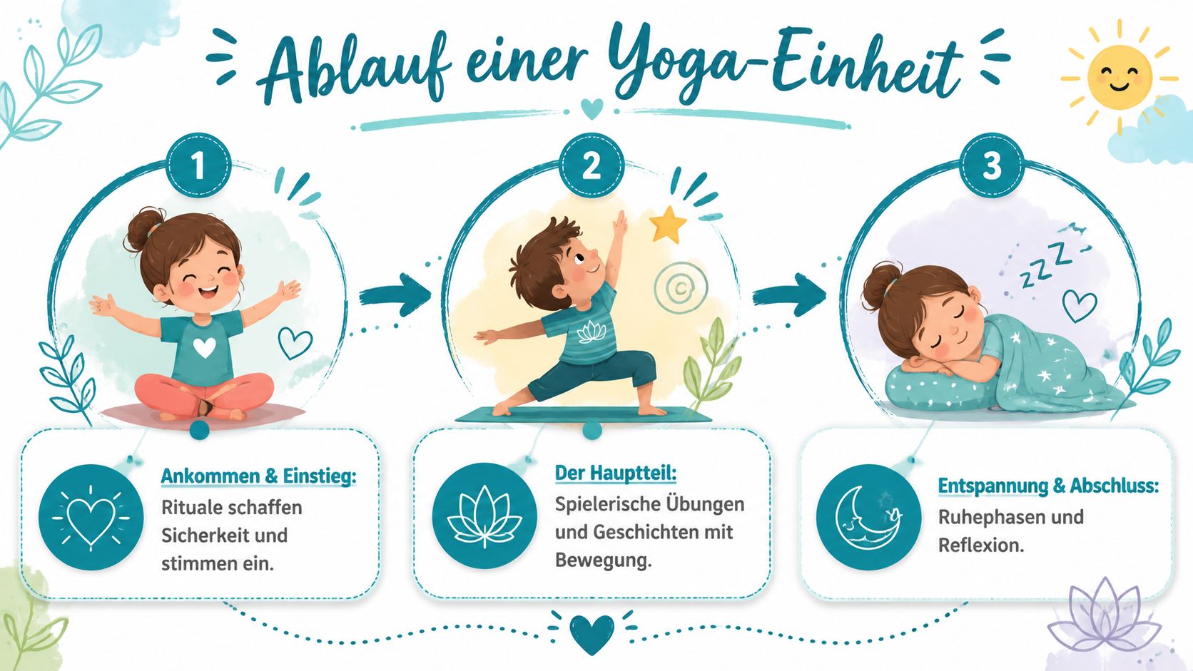 Eine Infografik erklärt die drei Phasen einer Yoga-Einheit für Kinder mit Ankommen, Hauptteil und Entspannung.
