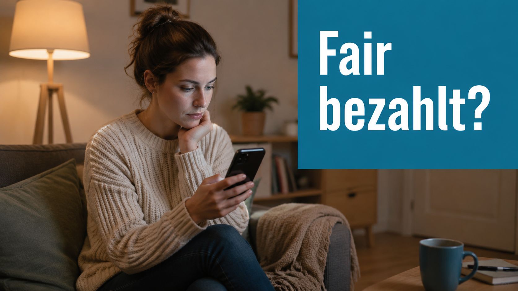 Eine Frau sitzt entspannt auf ihrem Sofa und schaut nachdenklich auf ihr Smartphone in einer gemütlichen Wohnung.