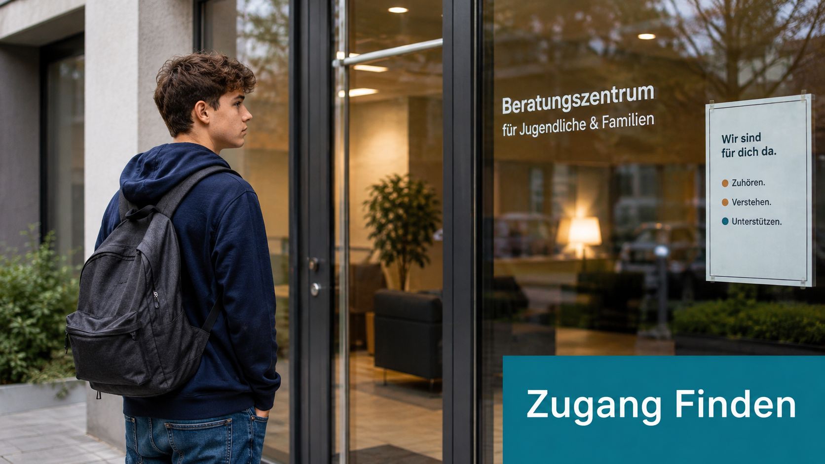 Ein junger Mann mit Rucksack steht vor dem Eingang eines Beratungszentrums für Jugendliche und Familien.
