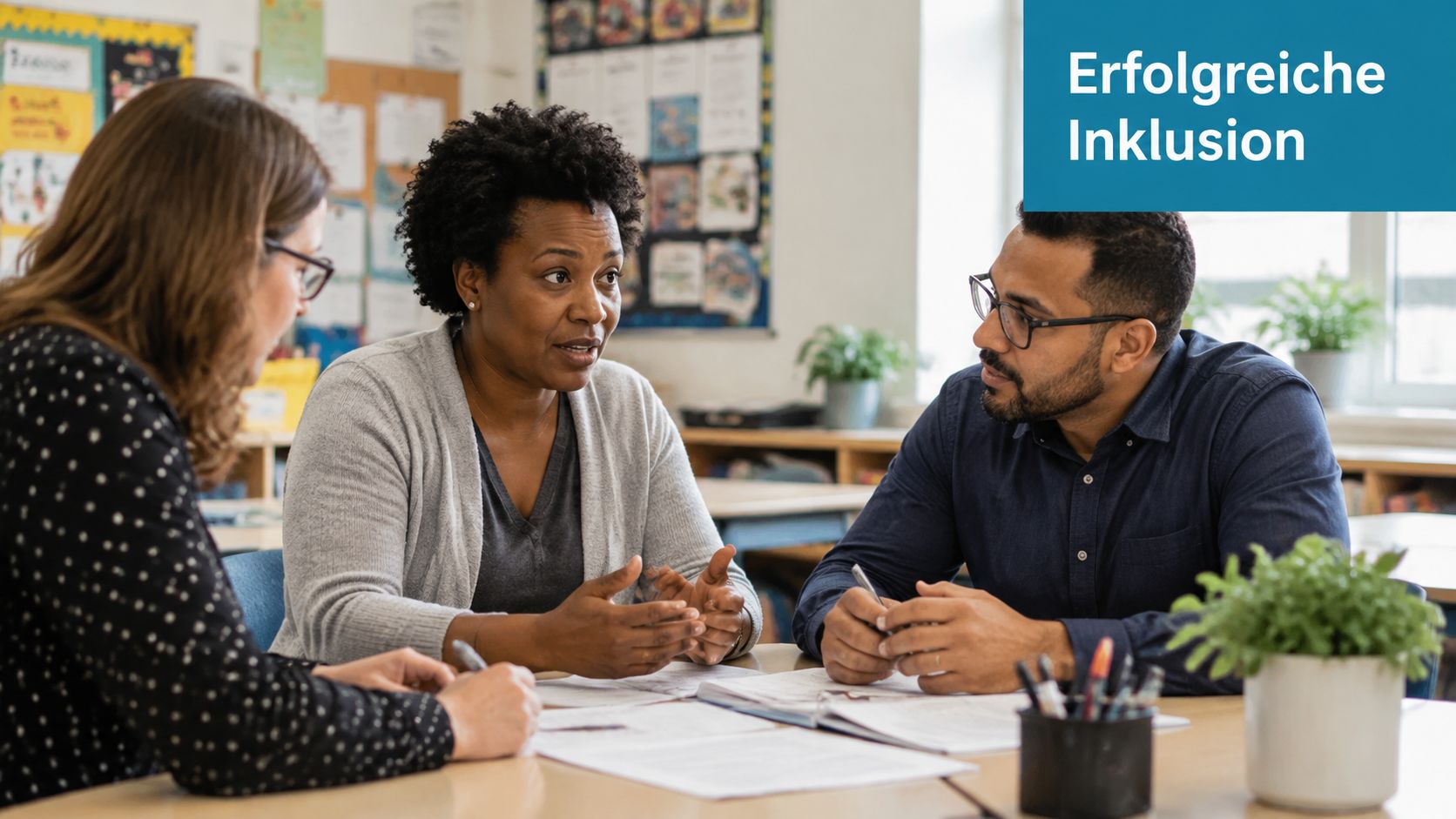 Drei Lehrer sitzen an einem Tisch im Klassenzimmer und besprechen gemeinsam ein pädagogisches Projekt zur inklusiven Bildung.