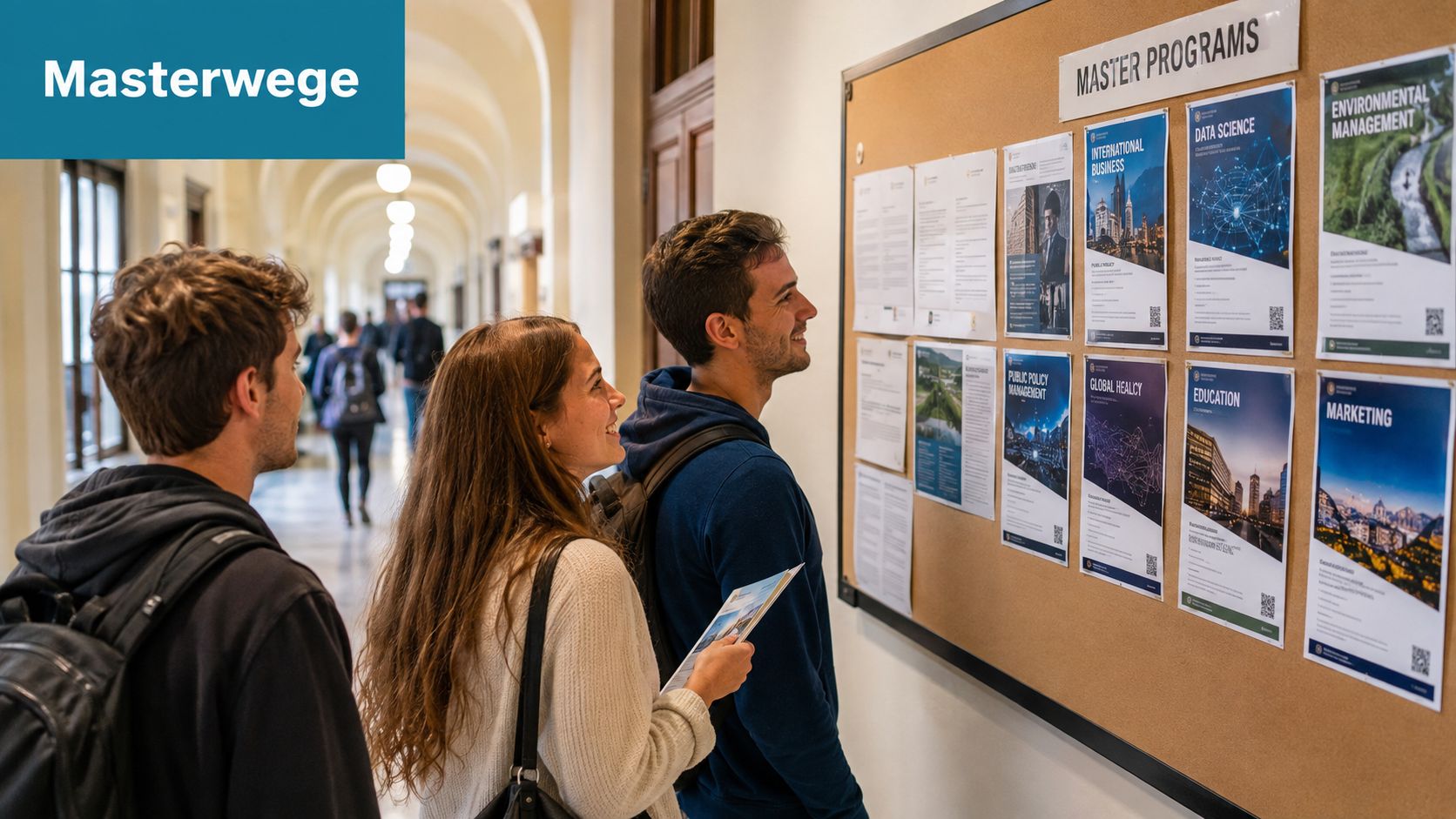 Drei Studenten betrachten eine Anschlagtafel mit Informationen über verschiedene Masterprogramme an einer Universität im Flur.
