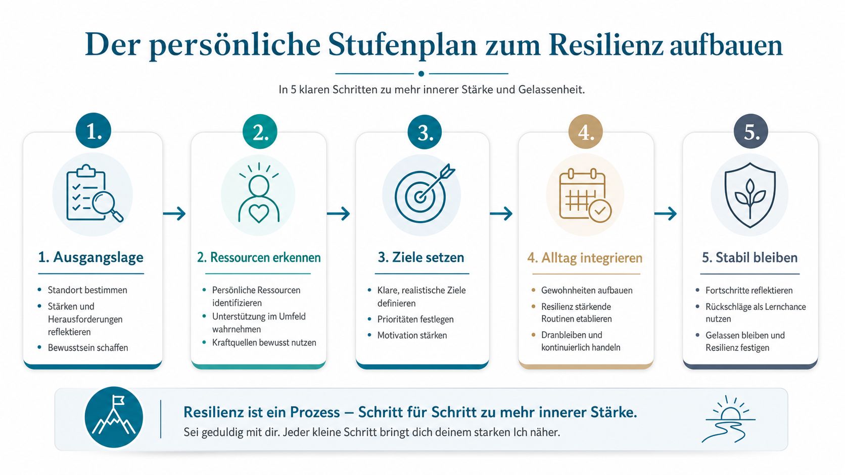 Ein fünfstufiger Plan zur Resilienz aufbauen, der Schritte zur inneren Stärke und psychischen Widerstandsfähigkeit visualisiert.