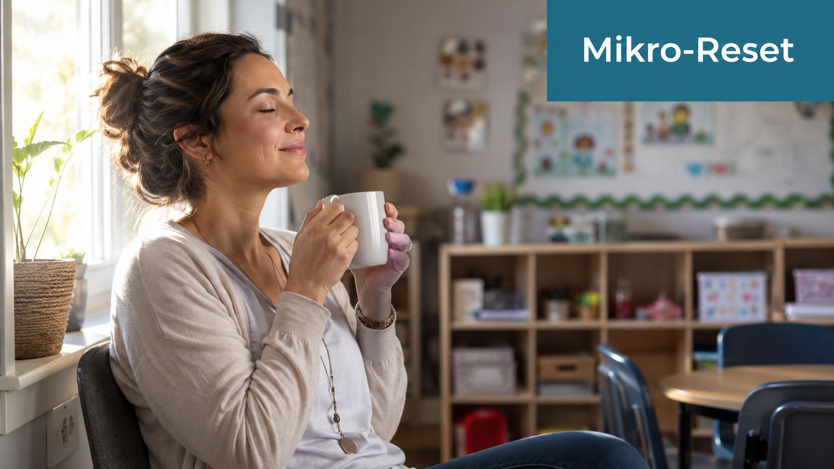 Eine entspannte Frau mit einer Kaffeetasse in einem hellen Klassenzimmer macht eine kleine Pause zur Erholung.