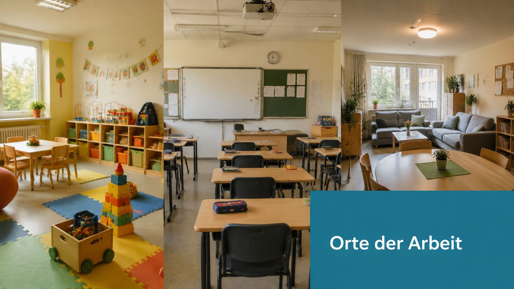Eine Collage zeigt verschiedene Innenräume wie ein Kindergarten-Spielzimmer, ein Klassenzimmer und ein Gemeinschaftsraum für pädagogische Einrichtungen.