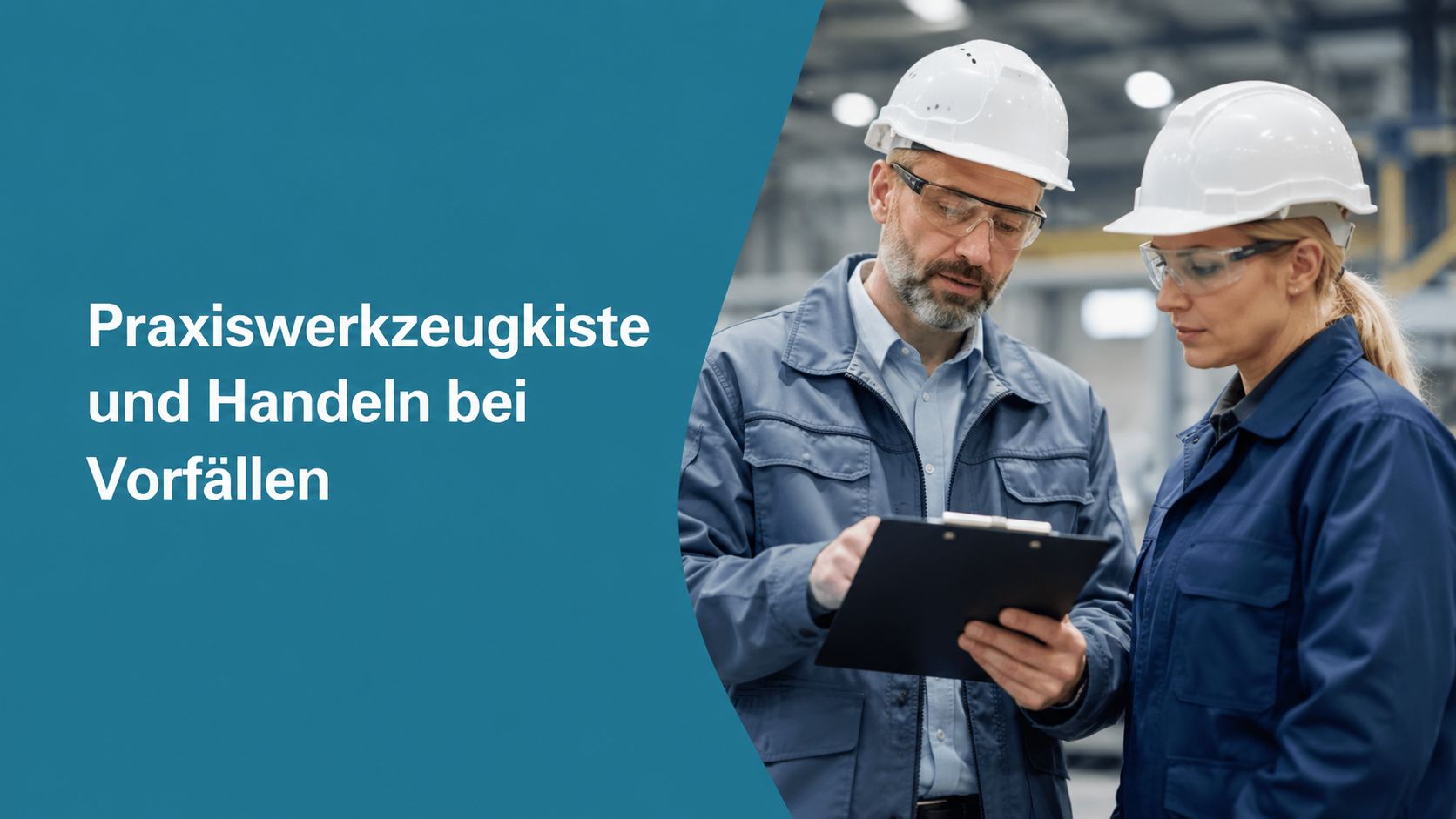 Ein Mann und eine Frau mit Schutzhelmen und Schutzbrillen besprechen gemeinsam ein Dokument in einer Industriehalle.