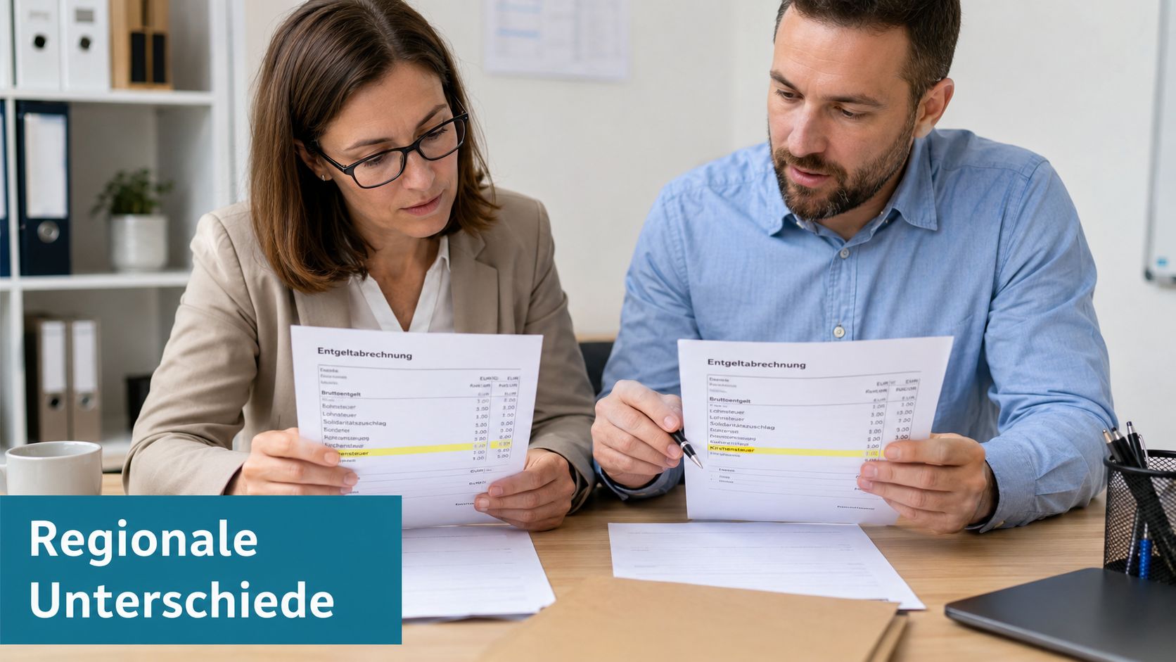 Ein Mann und eine Frau sitzen an einem Schreibtisch und prüfen gemeinsam ihre Lohnabrechnungen mit markierten Positionen.