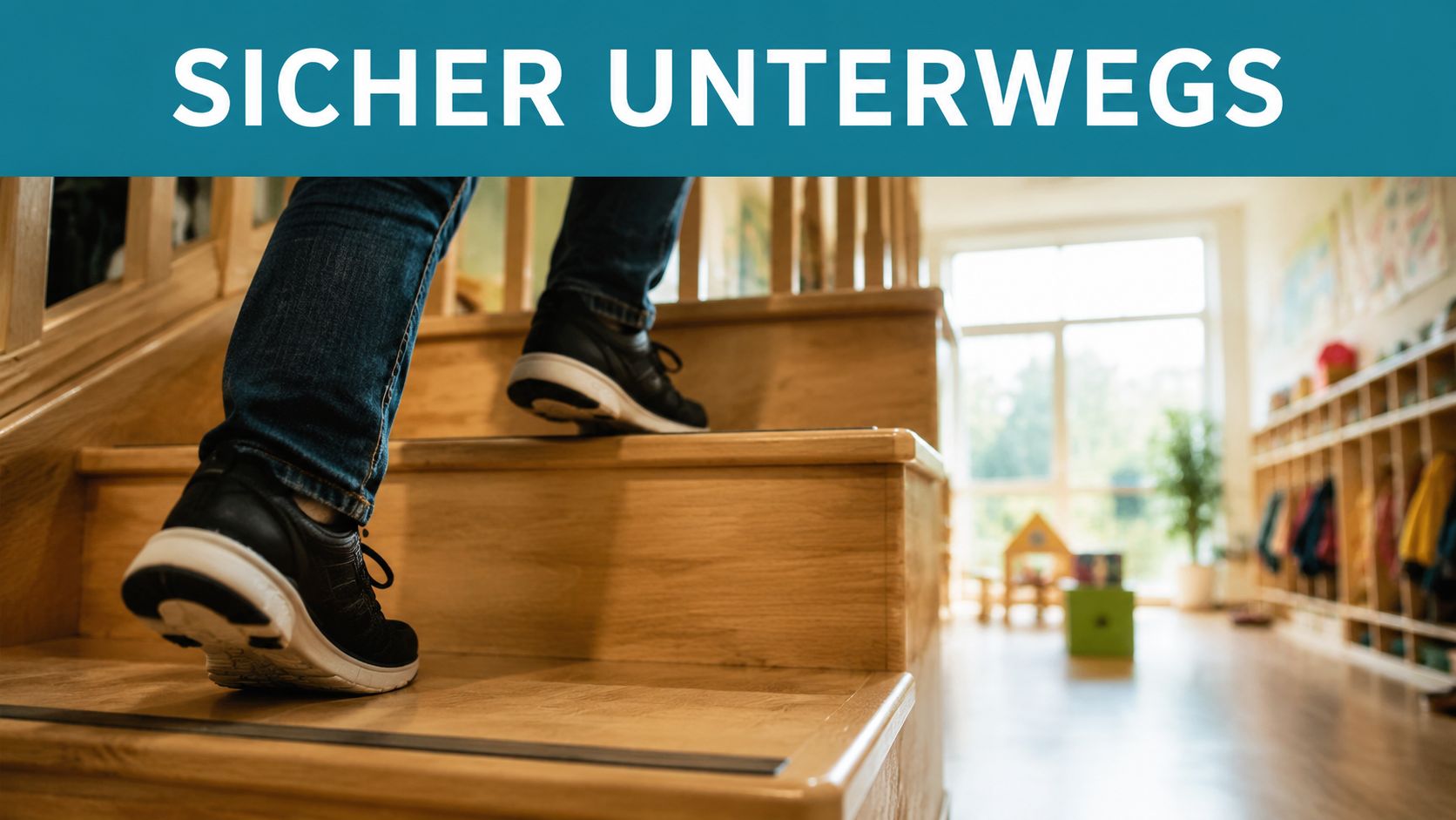 Eine Person mit Jeans und Sportschuhen steigt eine hölzerne Treppe in einem hellen, freundlichen Kindergarten hinauf.