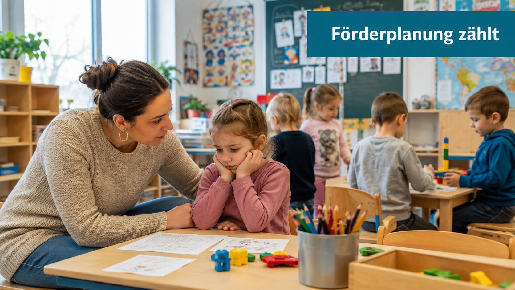 Eine Lehrerin unterstützt ein nachdenkliches Mädchen bei der Arbeit mit Arbeitsblättern und Bauklötzen in einem Kindergarten.
