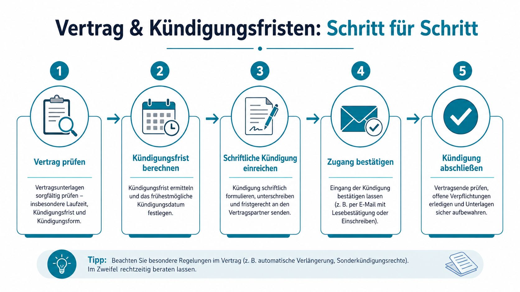 Eine Schritt-für-Schritt-Anleitung zur Kündigung eines Vertrags mit Tipps zur Einhaltung von Fristen und formalen Anforderungen.