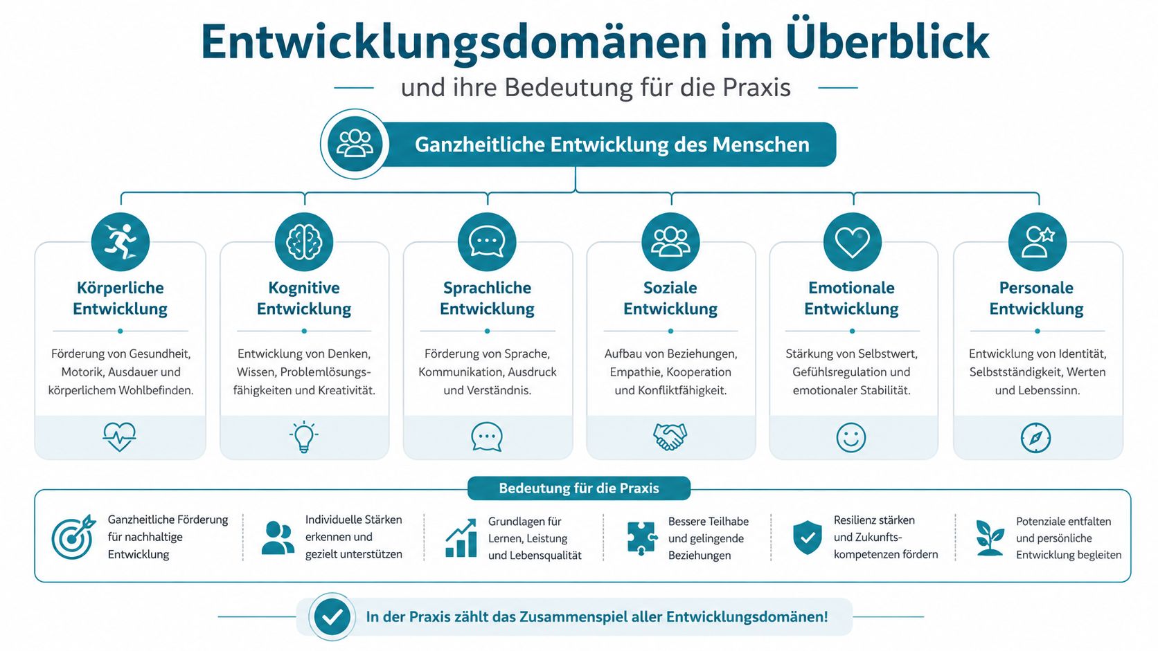 Übersichtsgrafik der Entwicklungsdomänen für die ganzheitliche Entwicklung des Menschen und ihre Bedeutung in der pädagogischen Praxis.