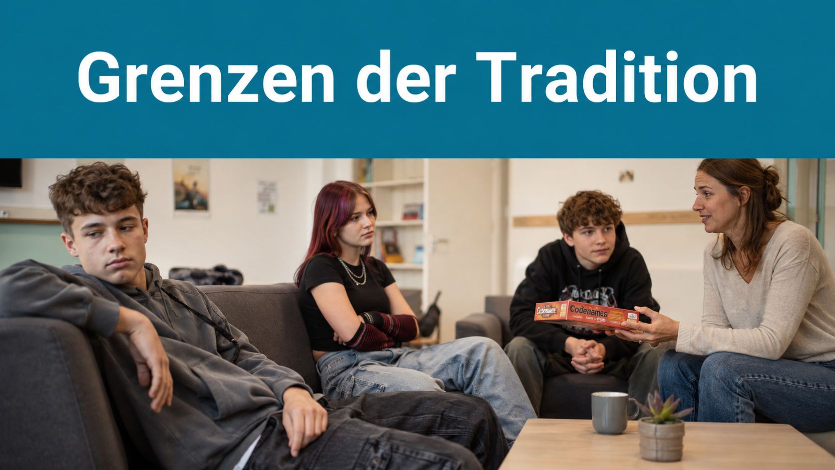 Eine Frau hält ein Codenames-Spiel, während zwei Jugendliche am Sofa sitzen und das Gespräch aufmerksam verfolgen.
