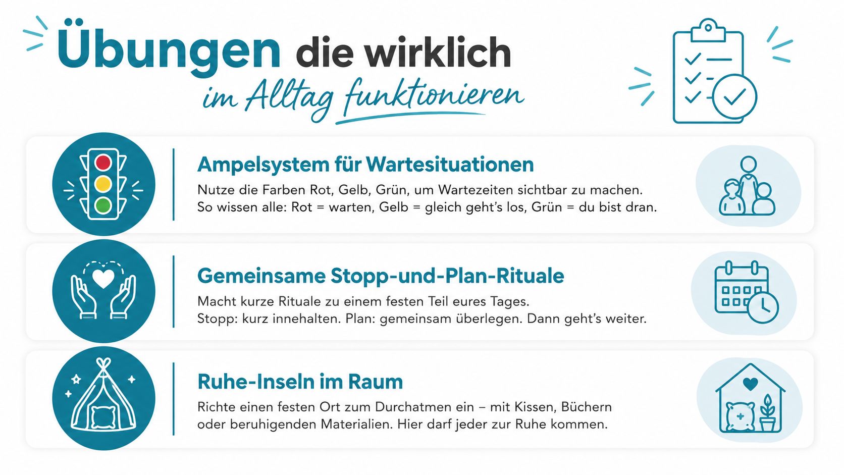 Eine Infografik mit drei praktischen Übungen zur Förderung der Frustrationstoleranz im pädagogischen Alltag oder in Familien.