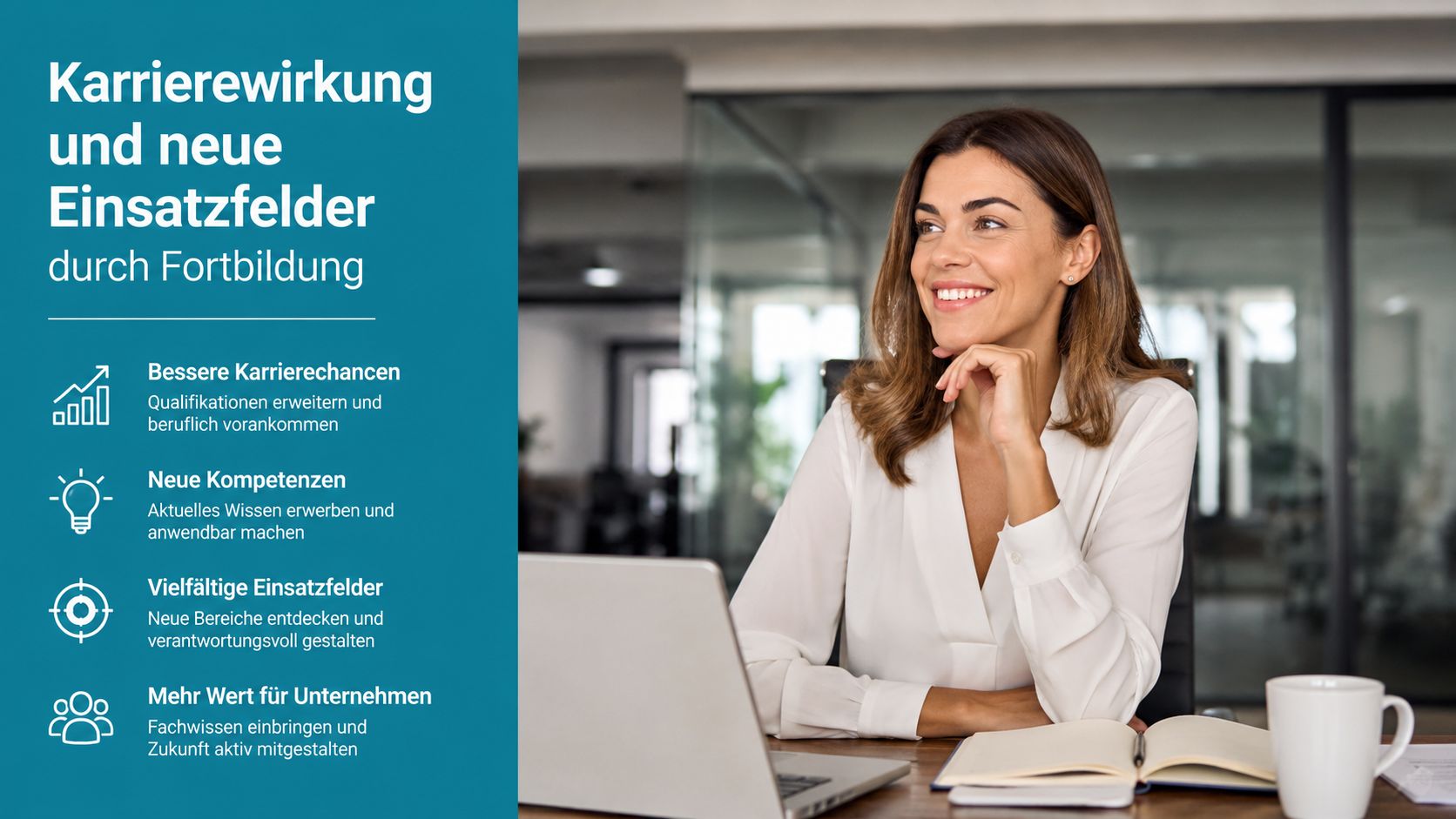 Eine lächelnde Frau sitzt im Büro vor einem Laptop und denkt über berufliche Weiterbildungsmöglichkeiten nach.