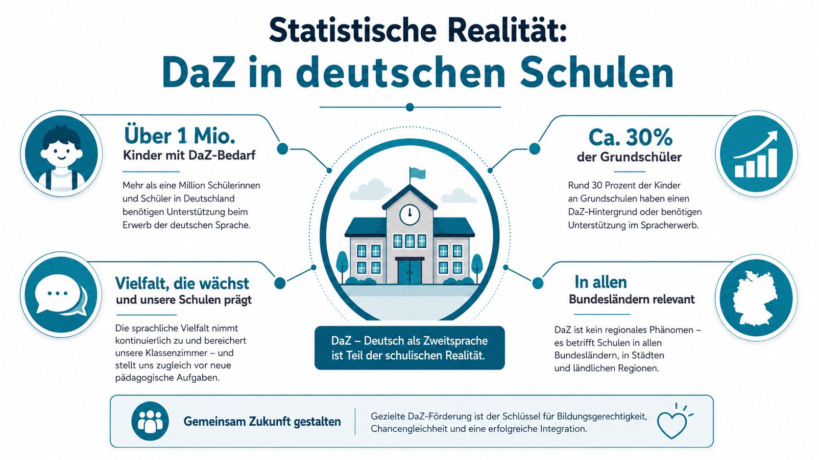 Eine Infografik zur statistischen Realität von Deutsch als Zweitsprache in deutschen Schulen mit zentralen Kennzahlen.