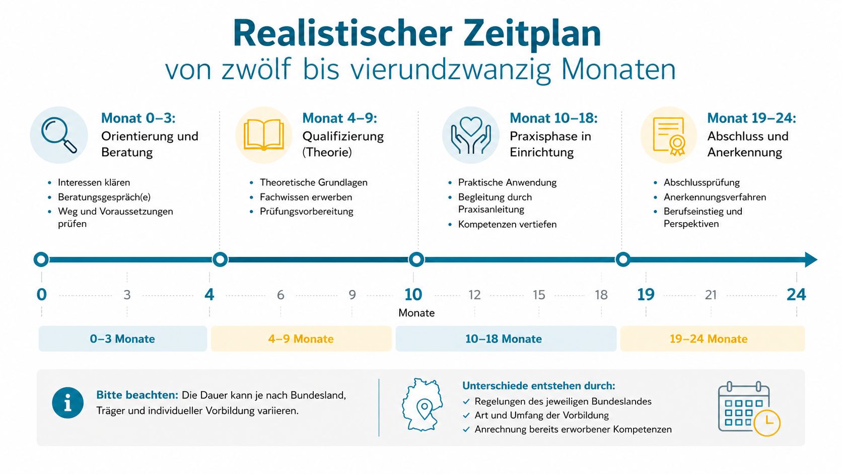 Eine Infografik stellt einen realistischen Zeitplan von zwölf bis vierundzwanzig Monaten für einen beruflichen Qualifizierungsprozess dar.