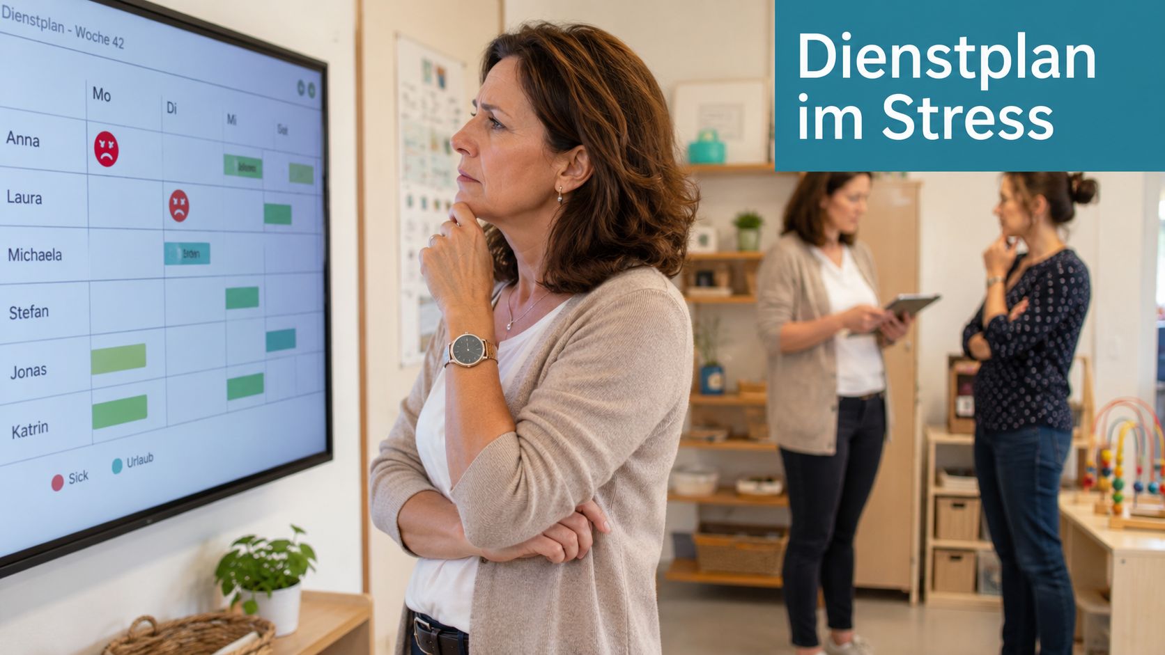 Eine nachdenkliche Frau betrachtet einen digitalen Dienstplan, während ihre Kollegen im Hintergrund über die Personalsituation diskutieren.