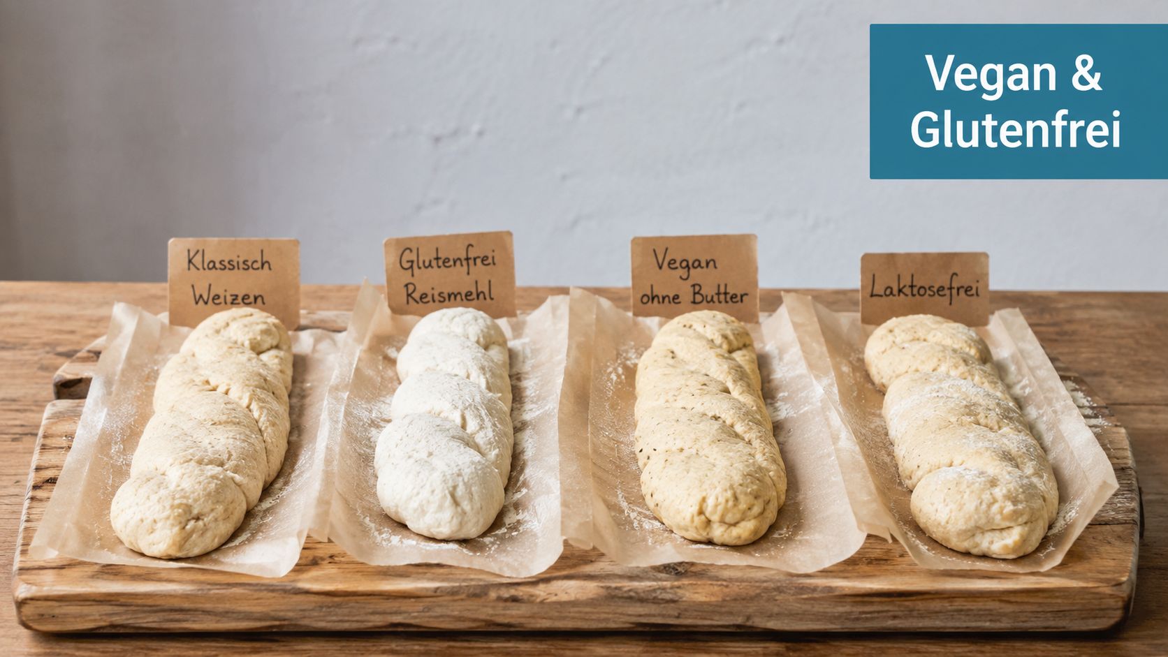 Vier rohe Zöpfe aus unterschiedlichen Teigen auf Backpapier auf einem rustikalen Holzbrett zur Auswahl bereitgestellt.