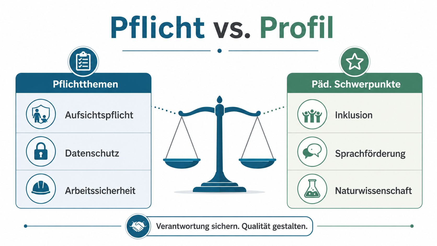 Eine Infografik zum Thema Pflicht gegenüber Profil in Kindertagesstätten, dargestellt durch eine ausbalancierte Waage mit thematischen Icons.