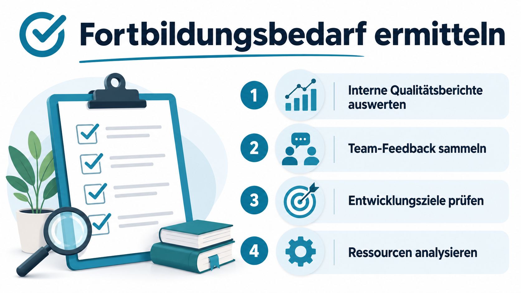 Eine Infografik zur Ermittlung des Fortbildungsbedarfs mit vier Schritten wie Qualitätsberichte, Feedback, Entwicklungsziele und Ressourcenanalyse.