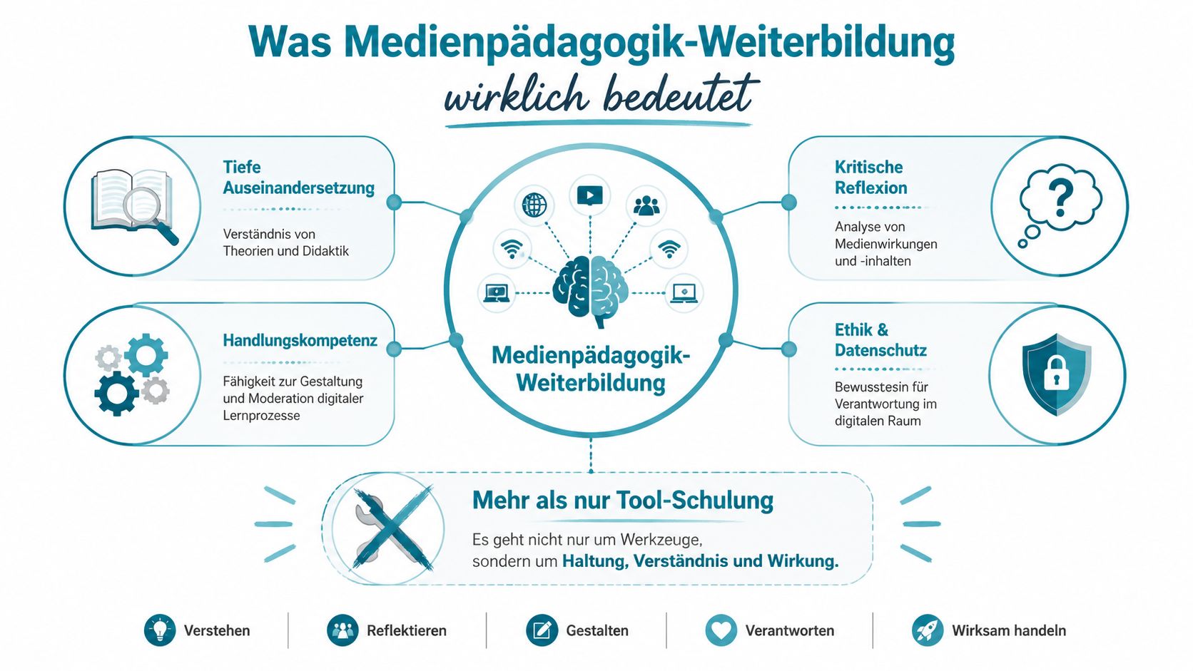 Infografik zur Medienpädagogik-Weiterbildung: Fokus auf Reflexion, Handlungskompetenz, Ethik und tiefergehendem Verständnis statt reiner Software-Schulung.