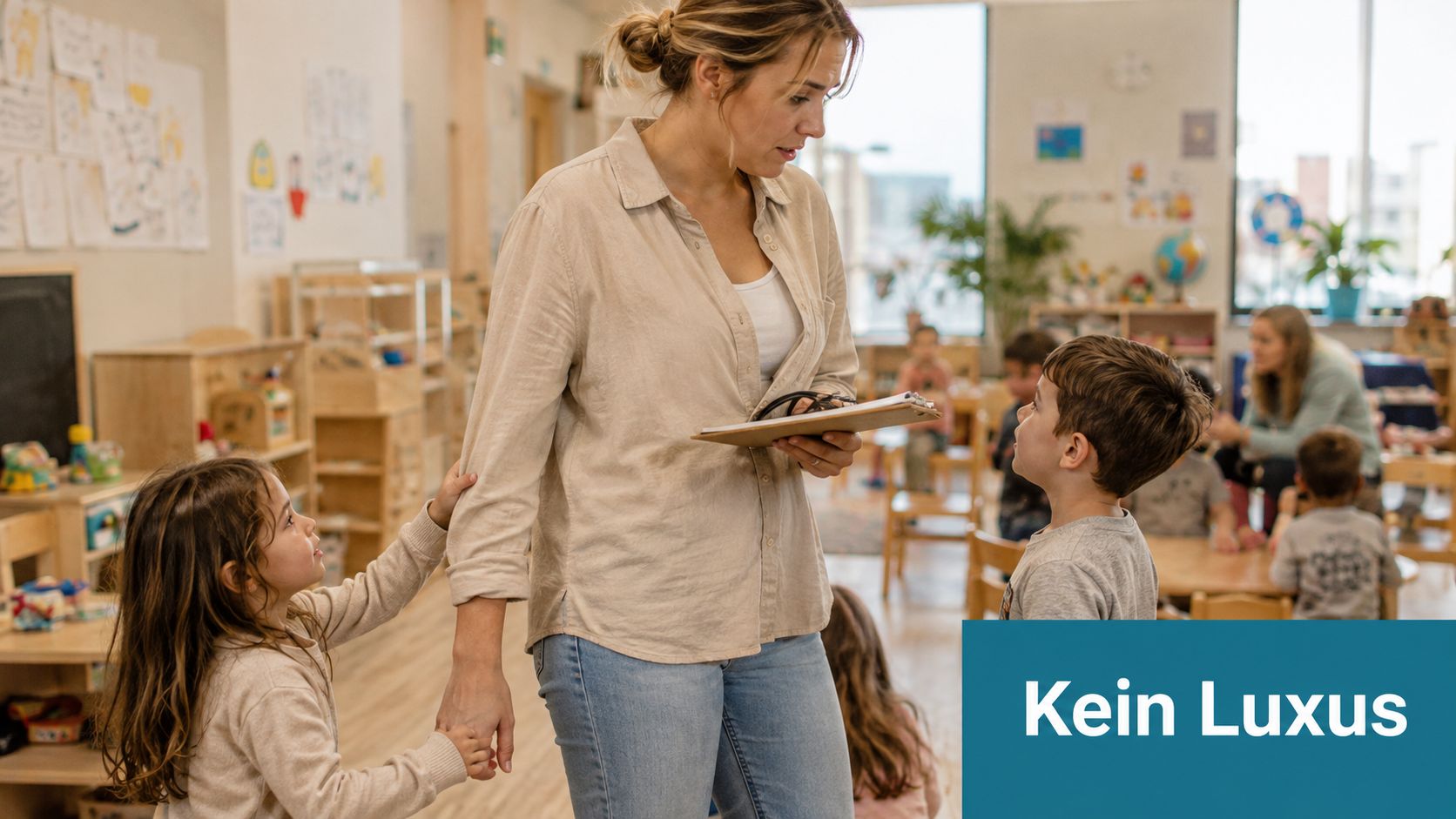 Eine Erzieherin betreut aufmerksam zwei Kinder in einem freundlichen und hellen Kindergarten mit pädagogischen Spielmaterialien.