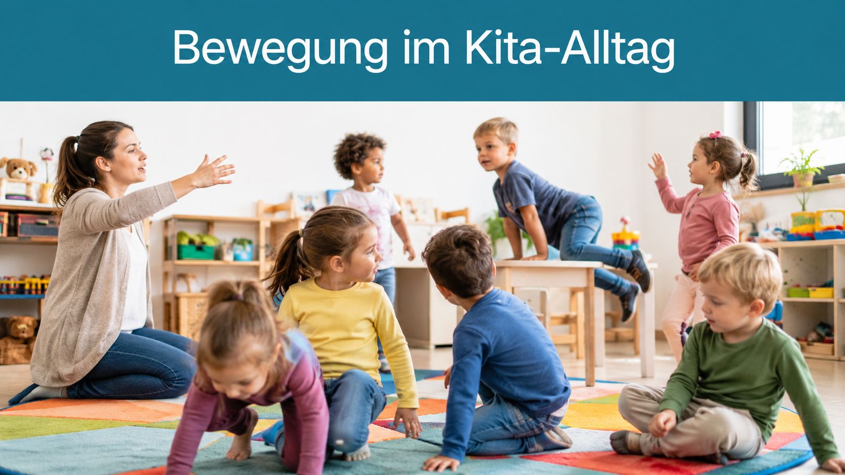 Eine Erzieherin führt mit einer Gruppe fröhlicher Kita-Kinder lustige Bewegungsspiele auf einem bunten Spielteppich im Gruppenraum durch.