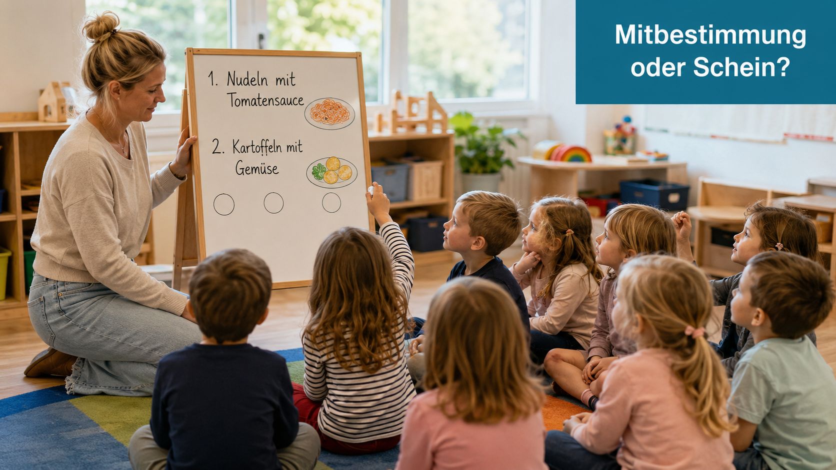 Eine Erzieherin erklärt Kindern im Kindergarten an einer Tafel die Auswahl zwischen zwei verschiedenen Mittagsgerichten.