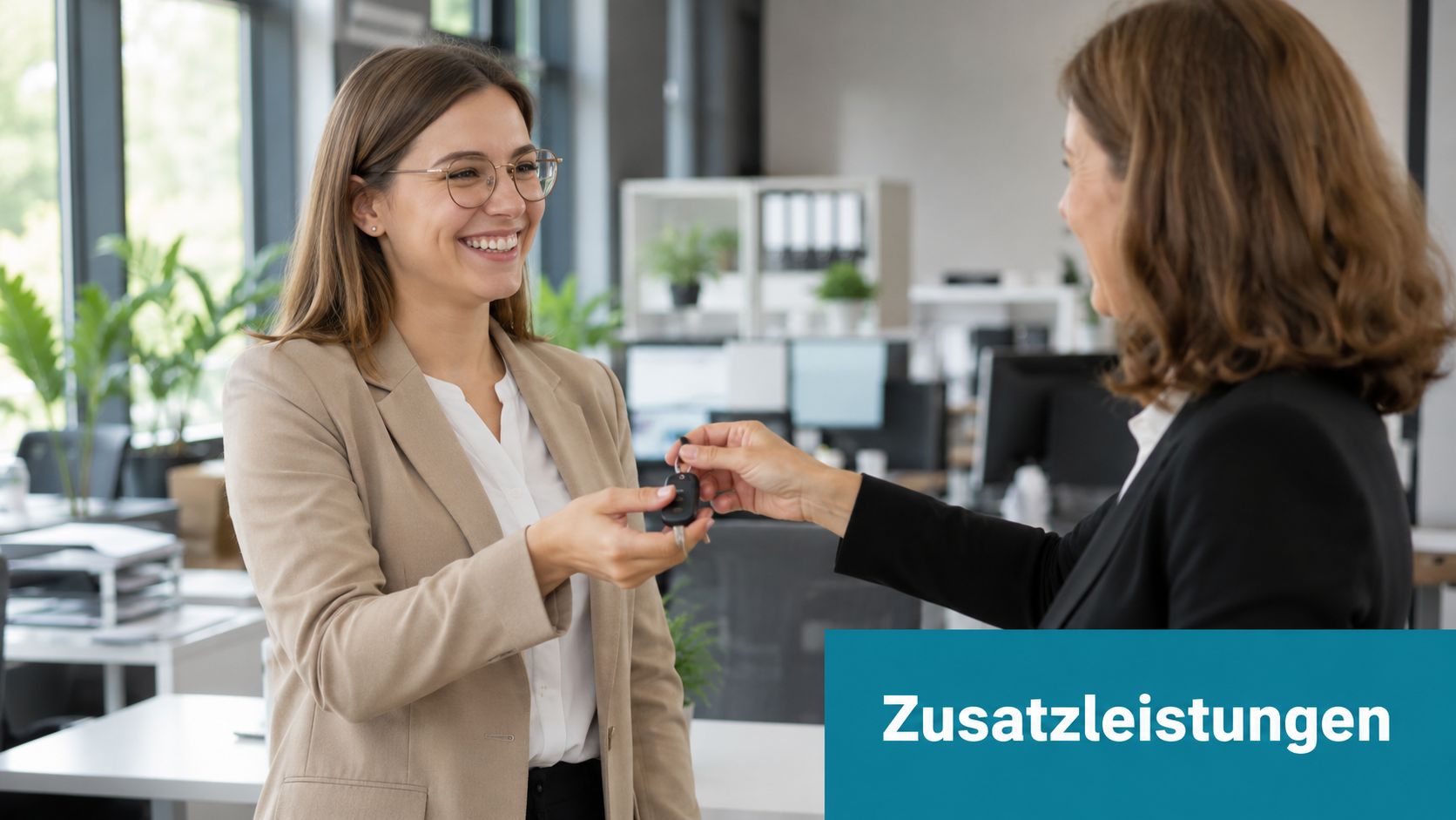 Eine lächelnde Frau überreicht einer anderen Person einen Autoschlüssel in einer modernen Büroumgebung mit Textoverlay.