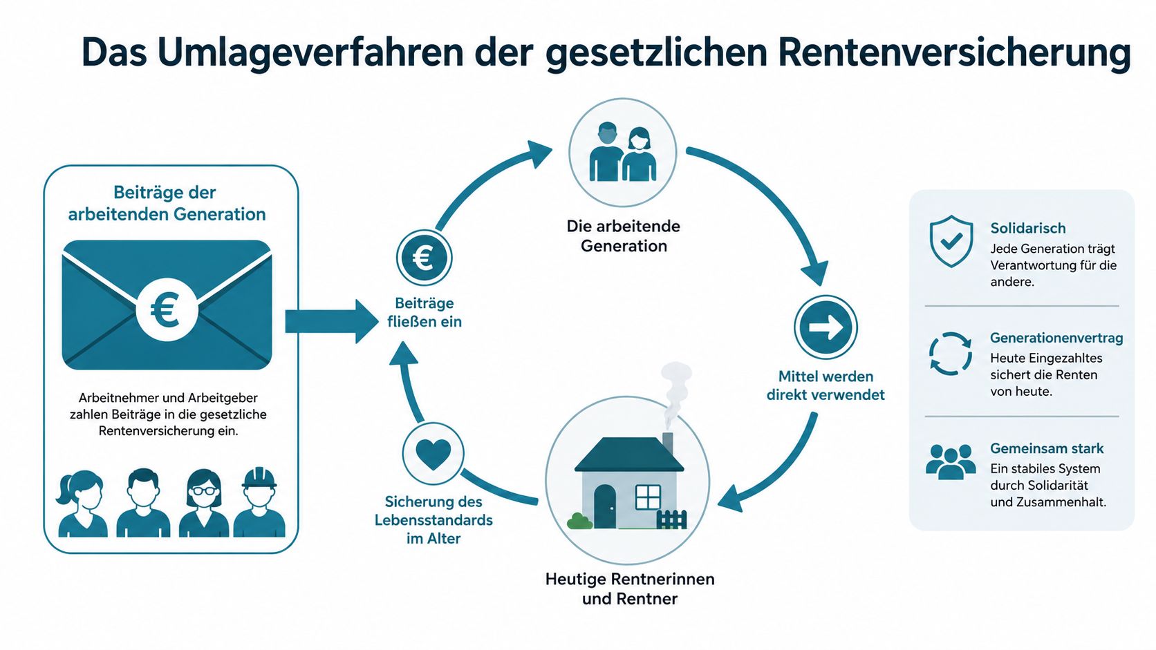 Eine Infografik erklärt das Umlageverfahren der gesetzlichen Rentenversicherung zwischen der arbeitenden Generation und heutigen Rentnern.