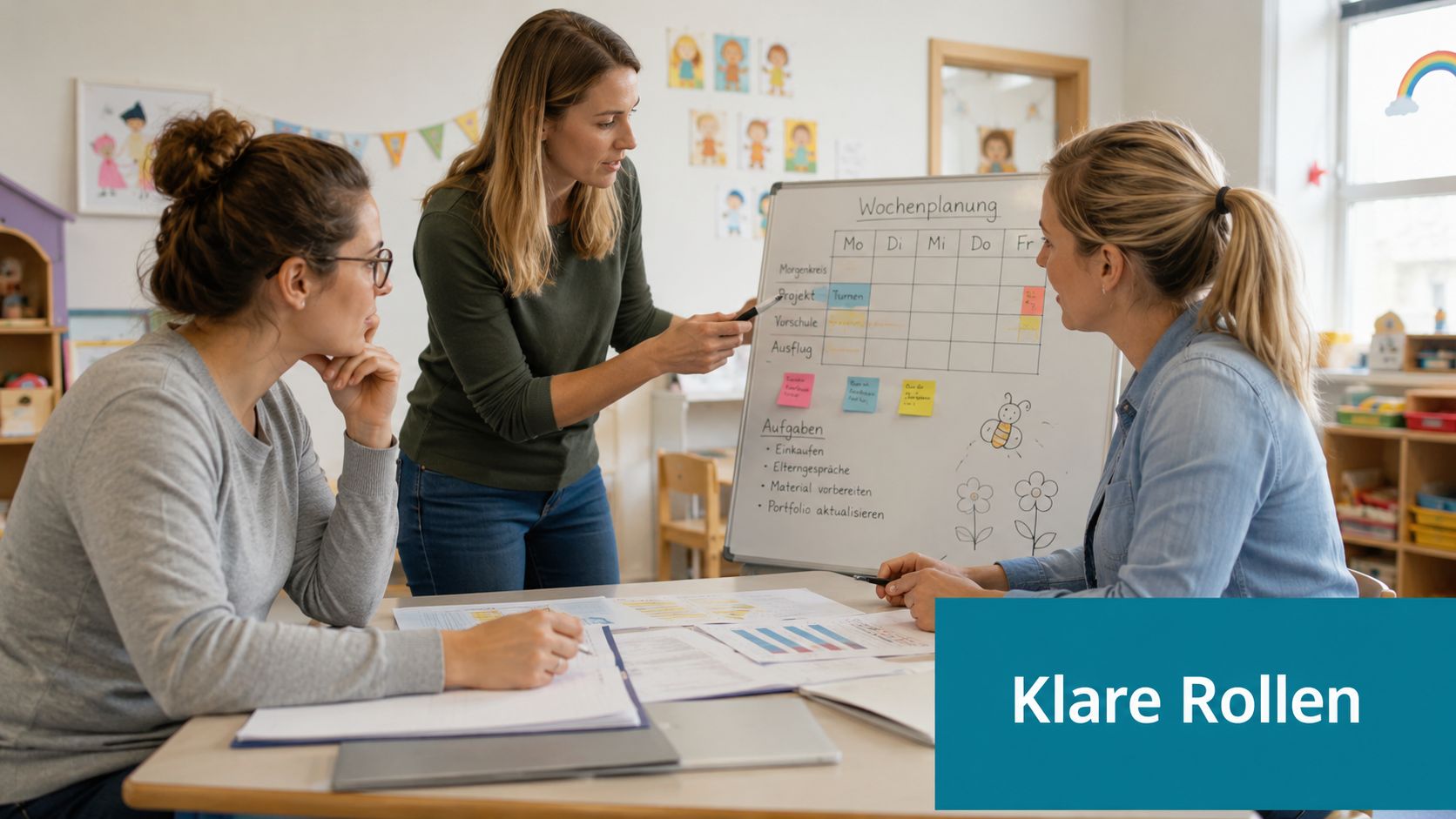 Drei Erzieherinnen sitzen an einem Tisch und planen gemeinsam den Wochenplan für ihren Kindergarten.