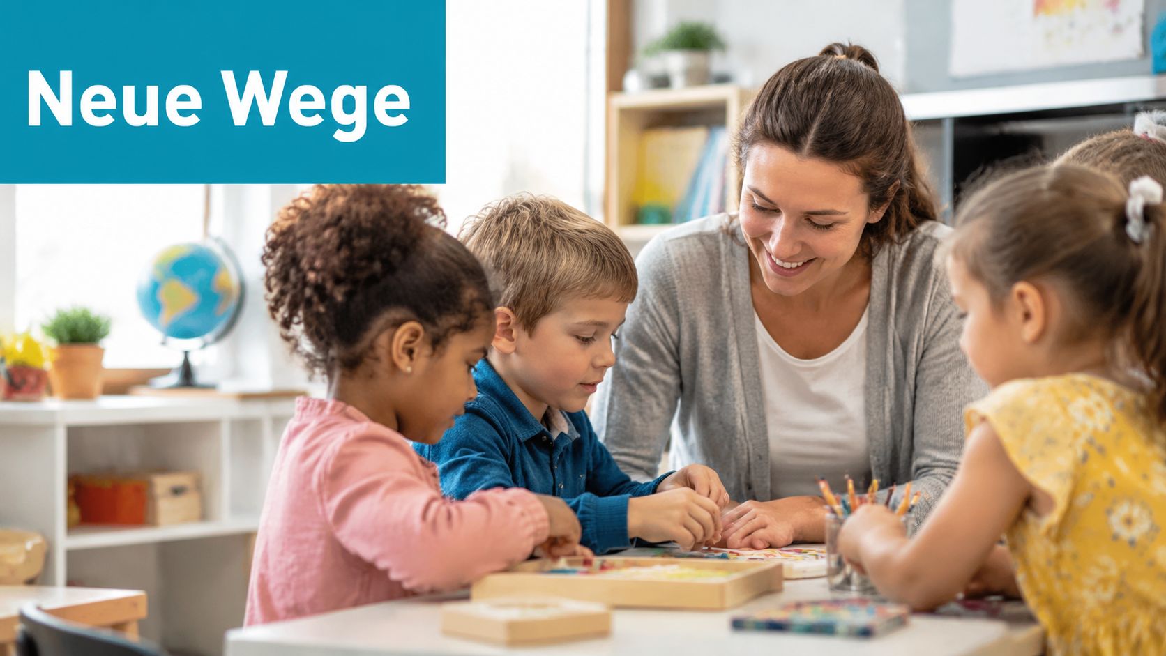 Eine Lehrerin begleitet Kinder bei einer kreativen Gruppenaktivität an einem Tisch in einem freundlichen Klassenzimmer.