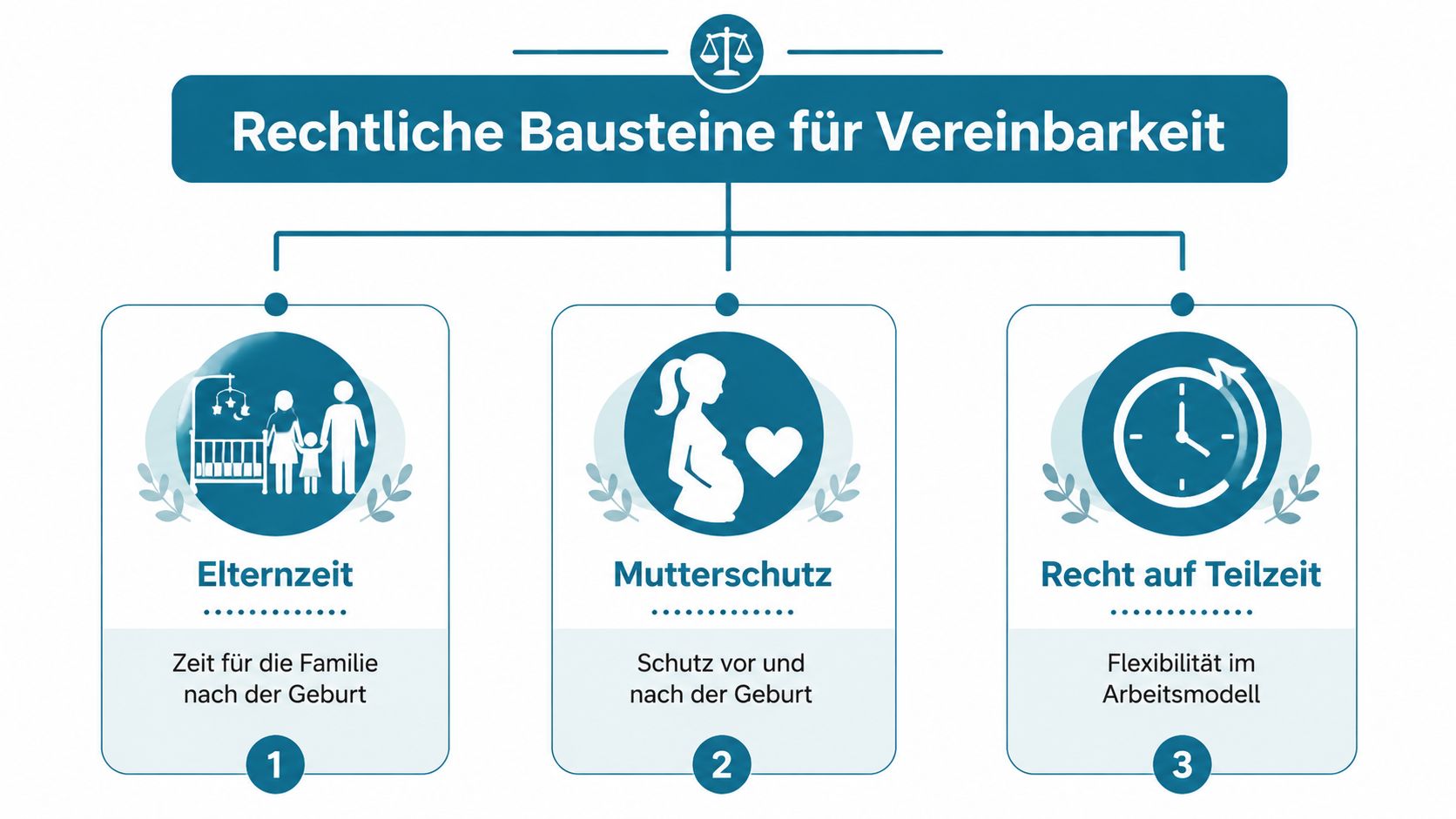Grafik über rechtliche Rahmenbedingungen zur Vereinbarkeit von Beruf und Familie in Deutschland.