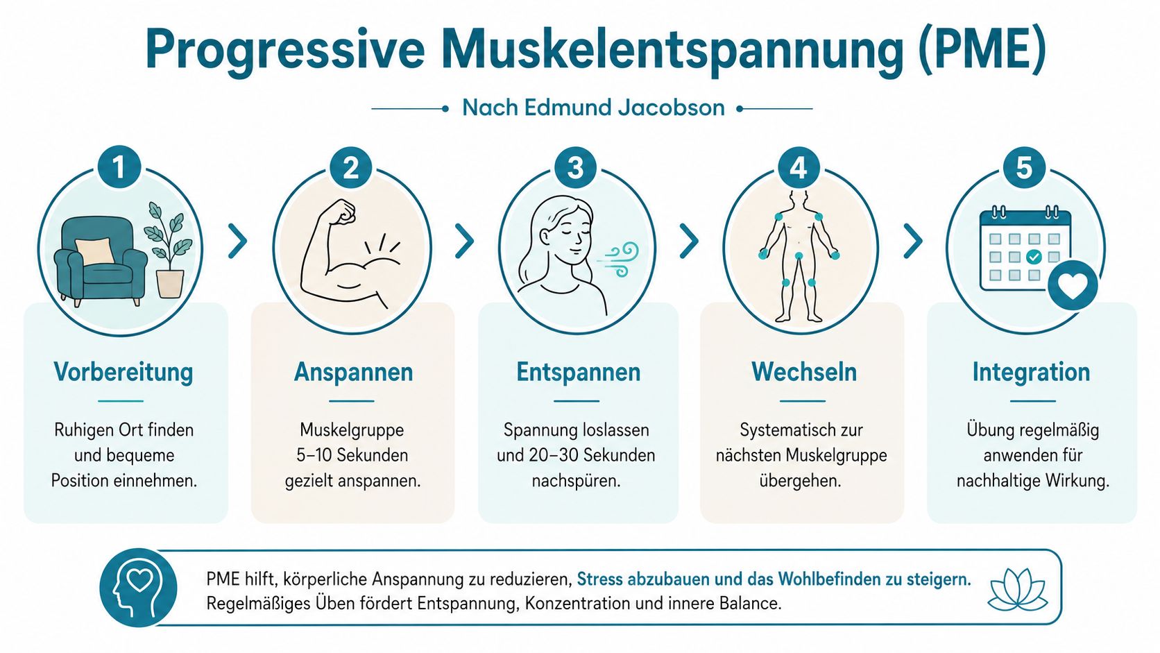 Eine Infografik erklärt die fünf Schritte der progressiven Muskelentspannung nach Edmund Jacobson zur Stressreduktion.