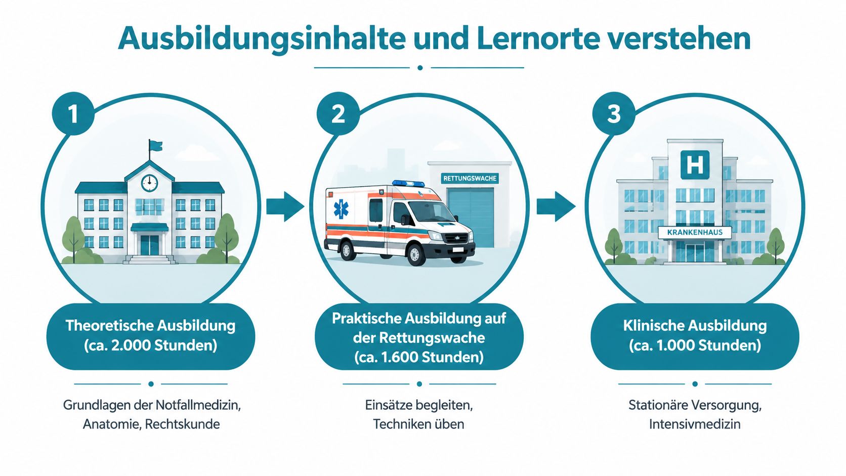Eine Infografik zeigt die drei Ausbildungsphasen zum Notfallsanitäter mit theoretischem Unterricht, Rettungswachen-Praxis und klinischer Ausbildung im Krankenhaus.