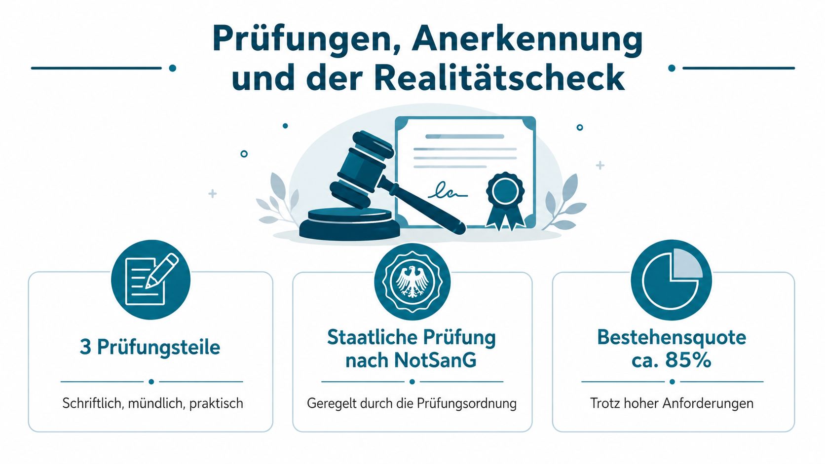 Infografik zur staatlichen Prüfung für Notfallsanitäter mit Informationen zu Prüfungsteilen, Anerkennung und der Bestehensquote.