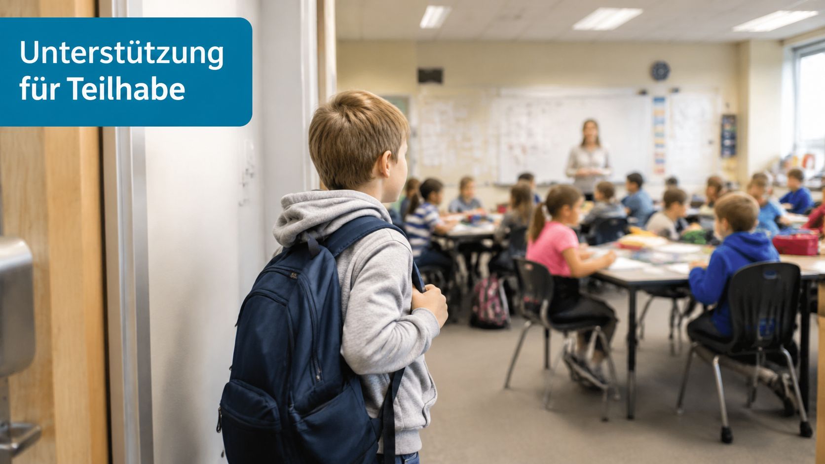 Ein Junge mit Rucksack steht im Türrahmen und schaut in ein Klassenzimmer mit schulpflichtigen Kindern und einer Lehrkraft.