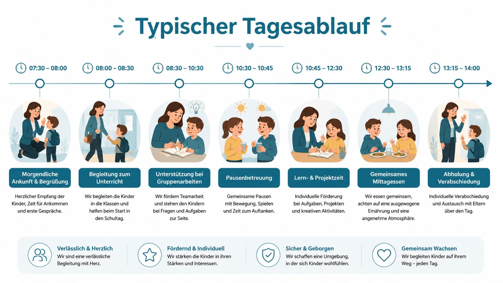Infografik zum typischen Tagesablauf einer Schulbegleitung mit Zeitplan und Beschreibungen der täglichen Betreuungsphasen für Kinder.