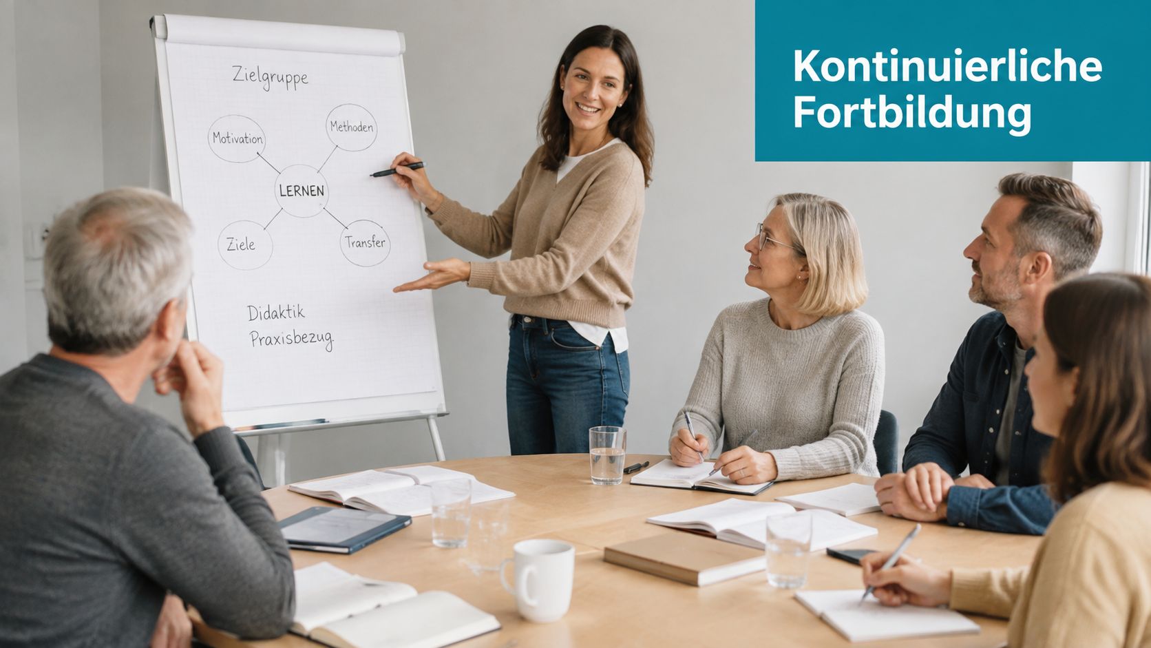 Eine Dozentin präsentiert Lerninhalte an einem Whiteboard vor einer Gruppe von konzentrierten Teilnehmern in einem Workshop.