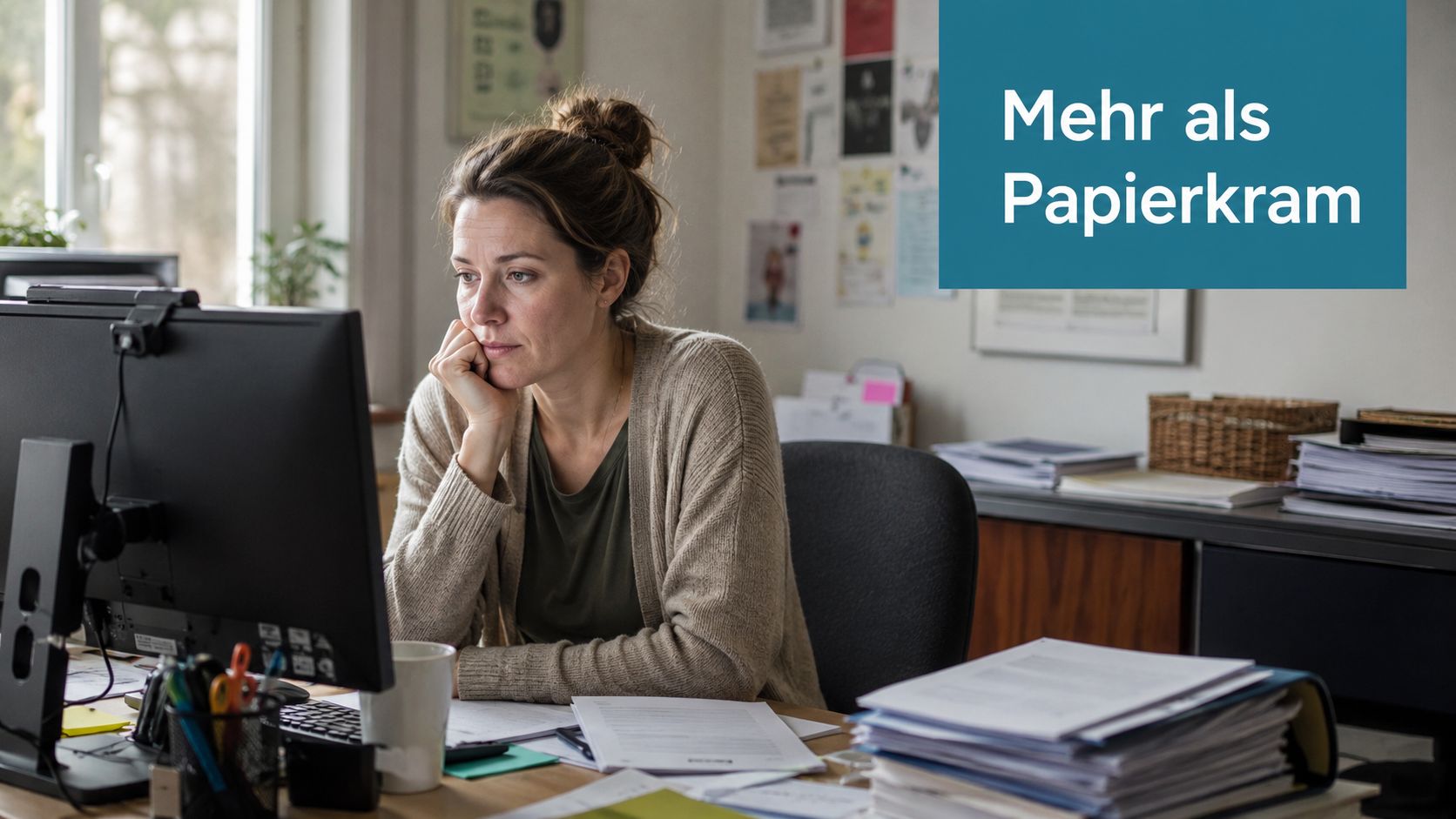 Eine konzentrierte Frau arbeitet in einem Büro an ihrem Computer umgeben von einer großen Menge an Papierkram.