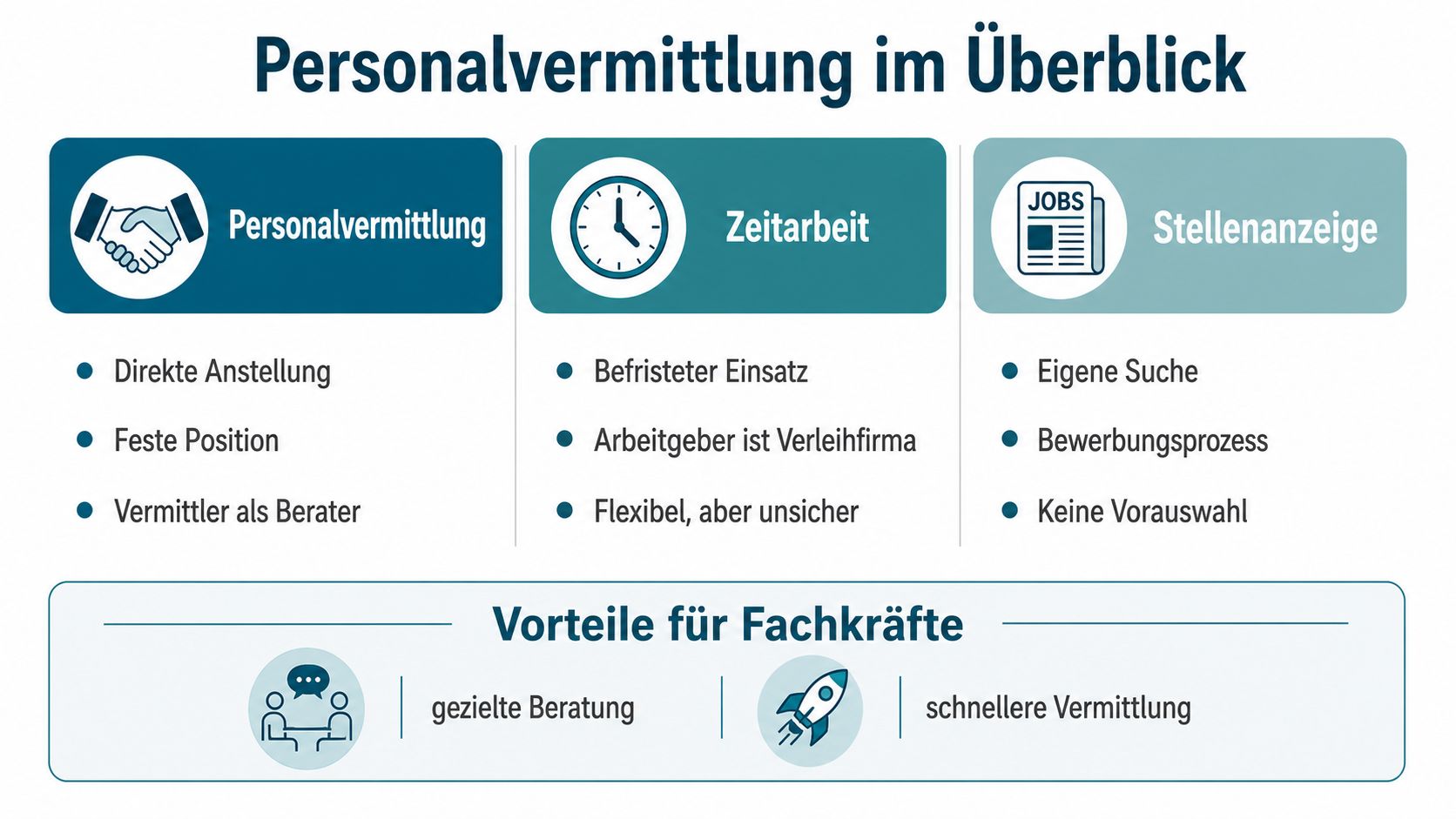 Eine Übersichtsgrafik zum Thema Personalvermittlung, Zeitarbeit und Stellenanzeigen mit Vorteilen für Fachkräfte durch gezielte Beratung und Vermittlung.