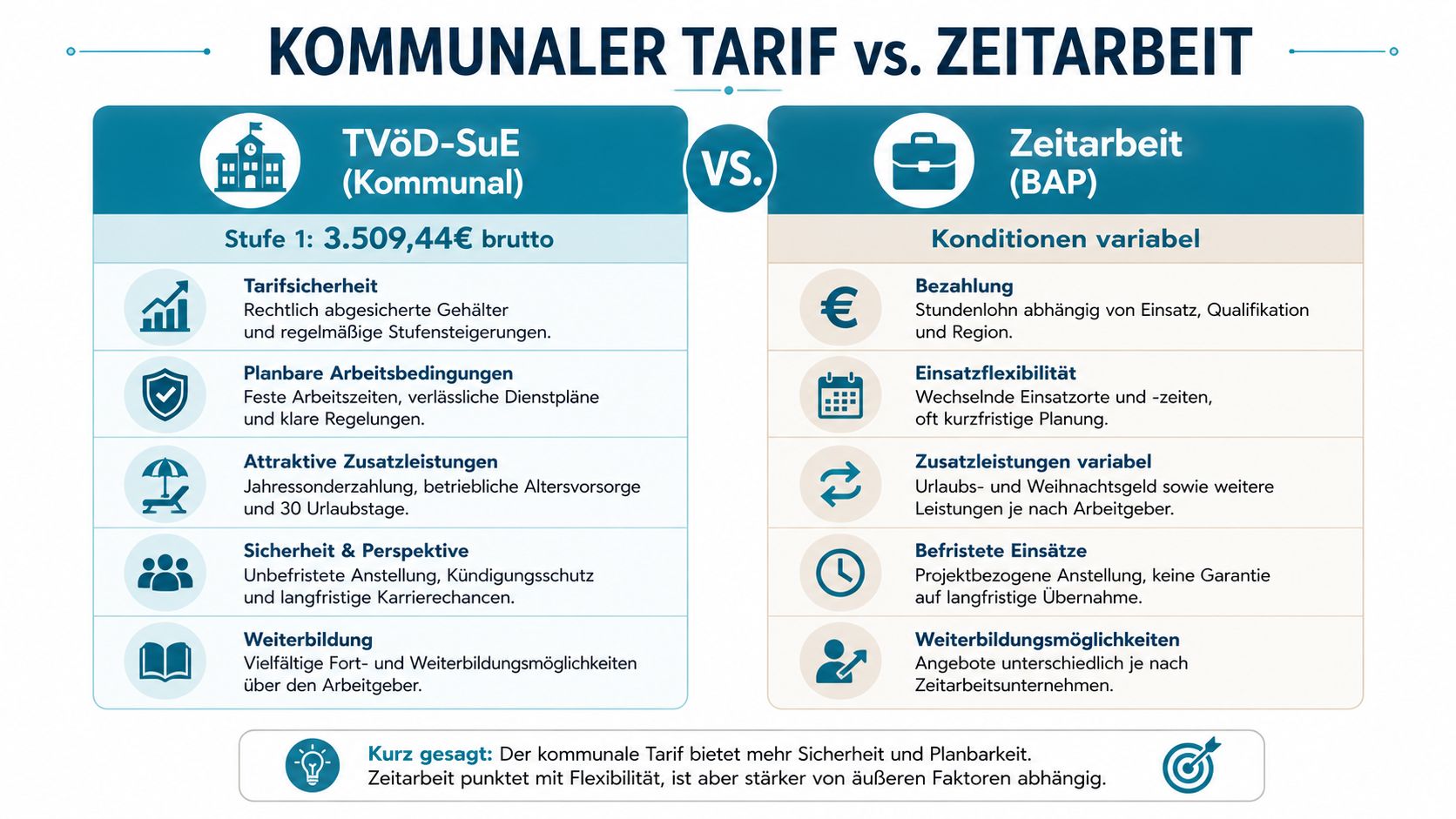 Ein grafischer Vergleich zwischen kommunalem TVöD-SuE Tarif und Zeitarbeit mit Fokus auf Gehalt, Sicherheit und Flexibilität.